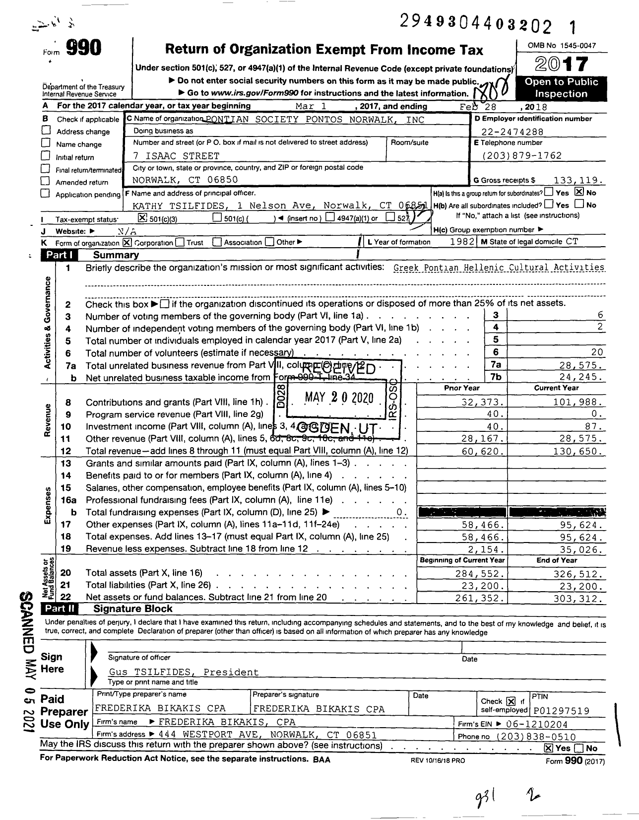 Image of first page of 2017 Form 990 for Pontian Society Pontos Norwalk