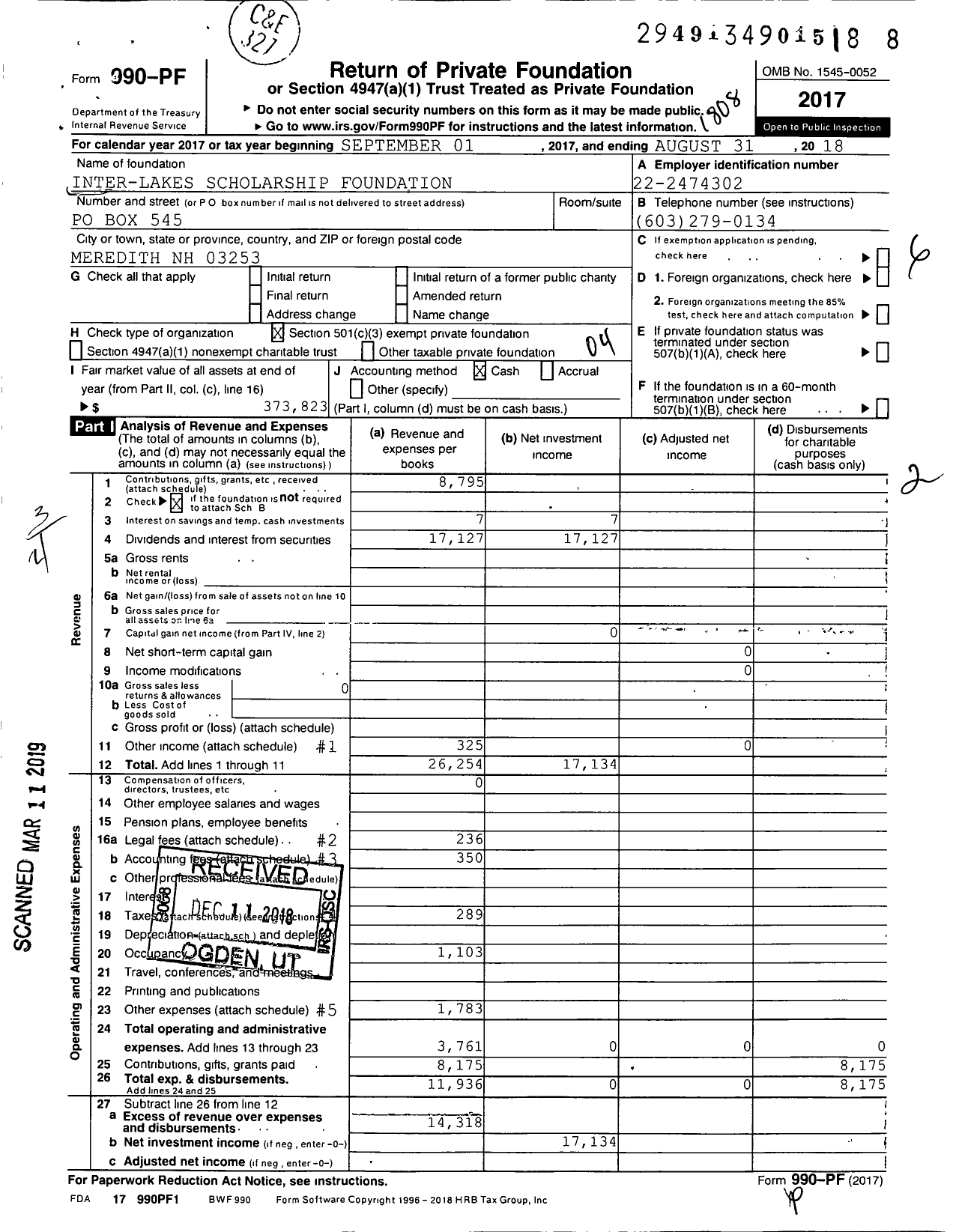 Image of first page of 2017 Form 990PF for Interlakes Scholarship Foundation