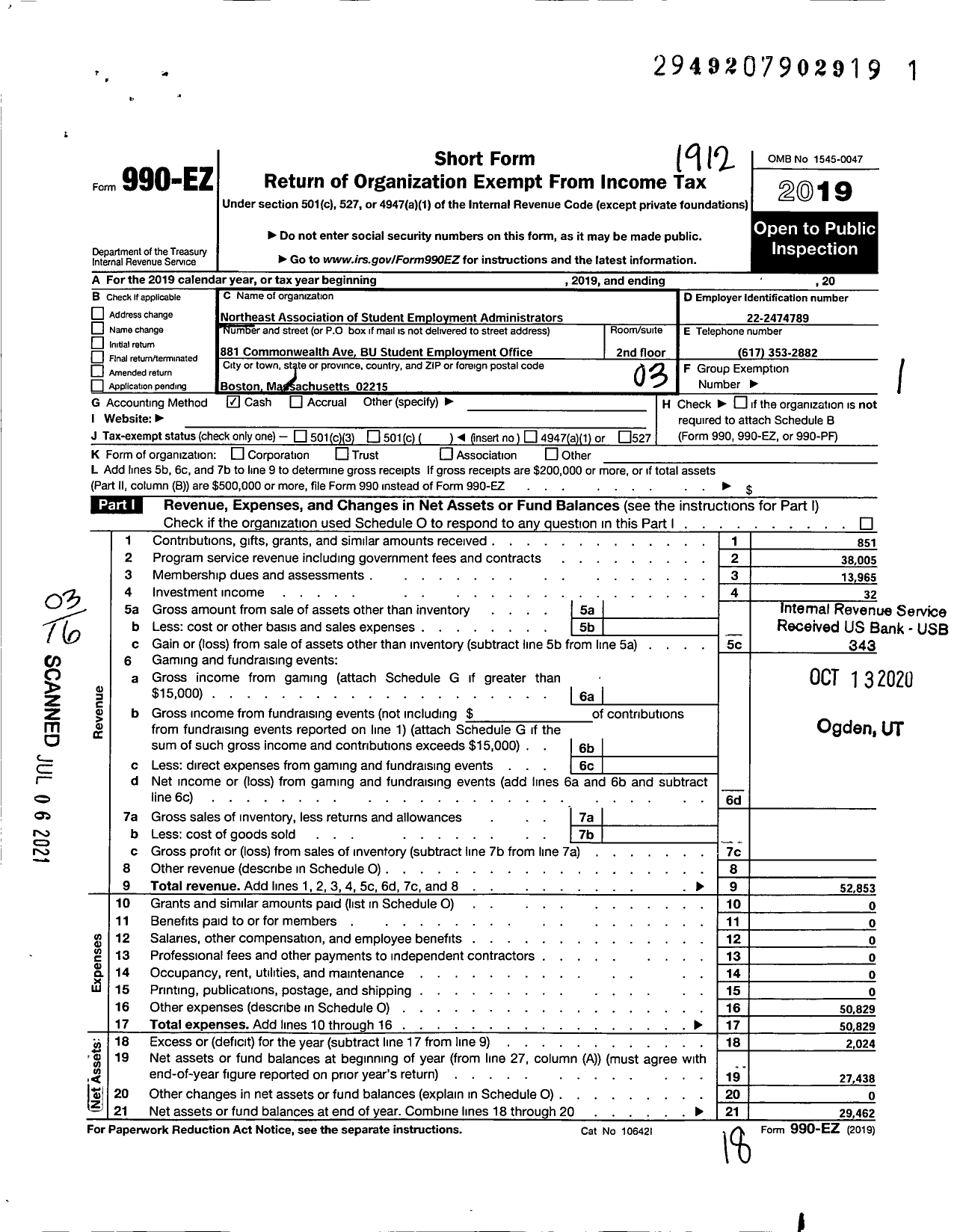 Image of first page of 2019 Form 990EZ for Northeast Association of Student Employment Administrators