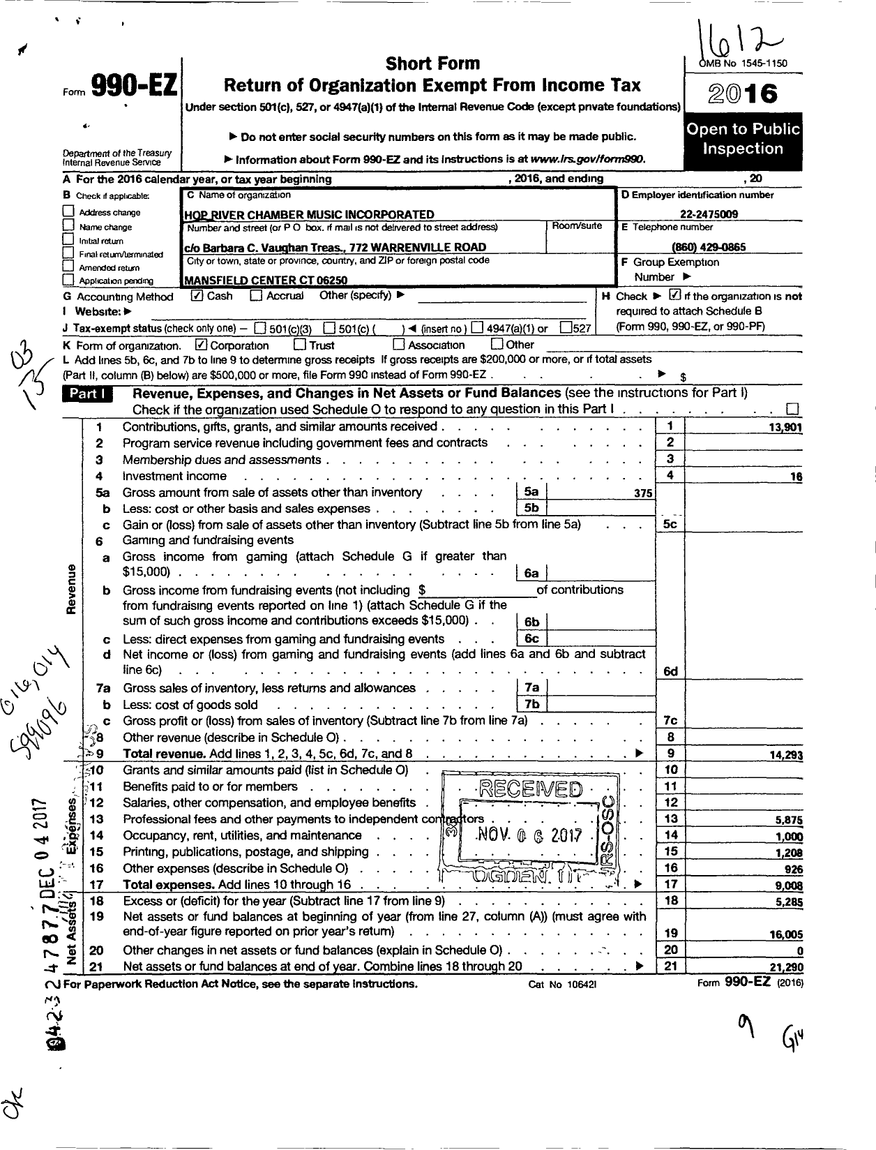 Image of first page of 2016 Form 990EZ for Hop River Chamber Music Incororated