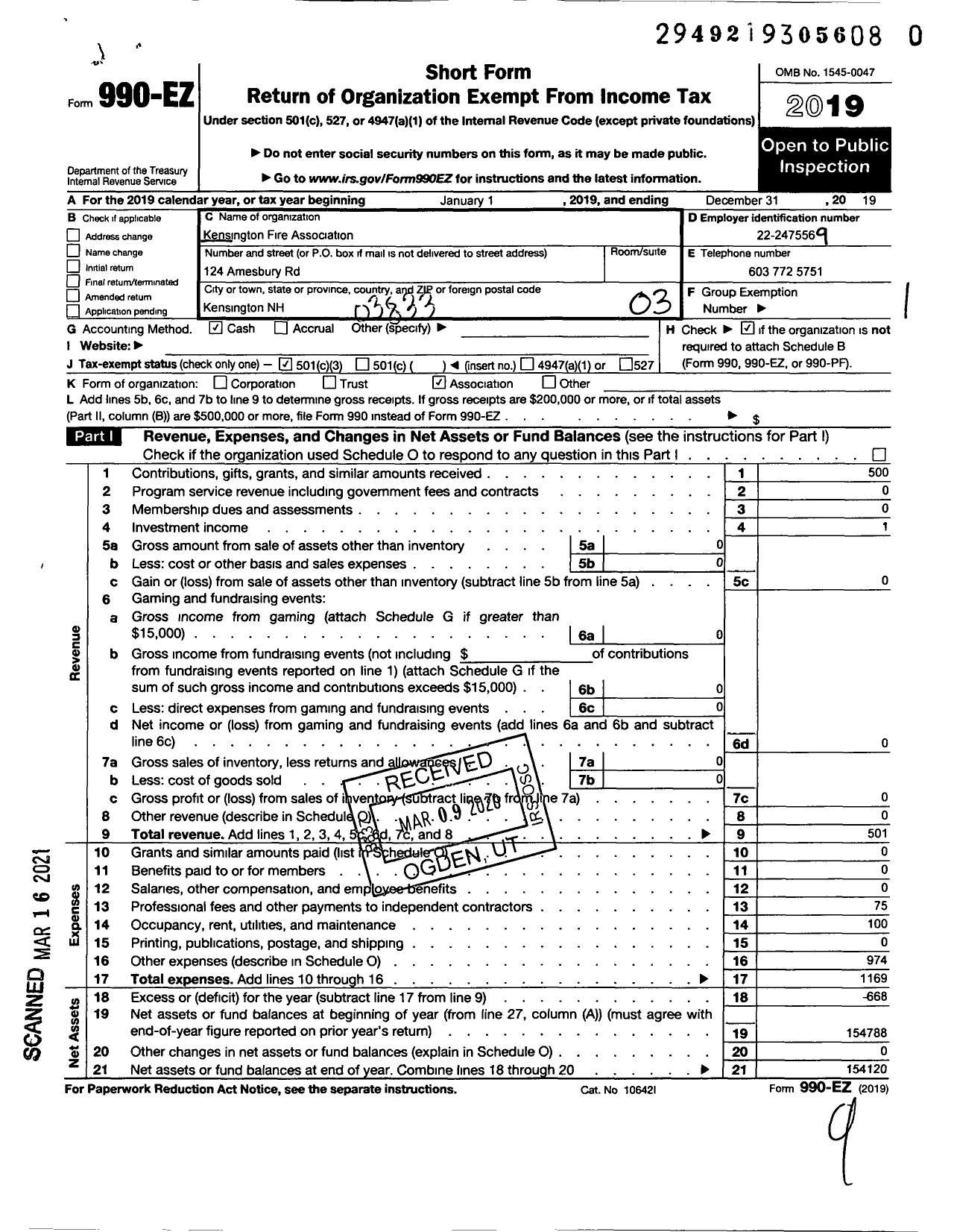 Image of first page of 2019 Form 990EZ for Kensington Fire Association