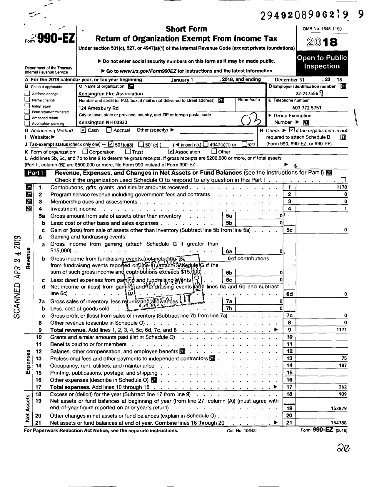 Image of first page of 2018 Form 990EZ for Kensington Fire Association