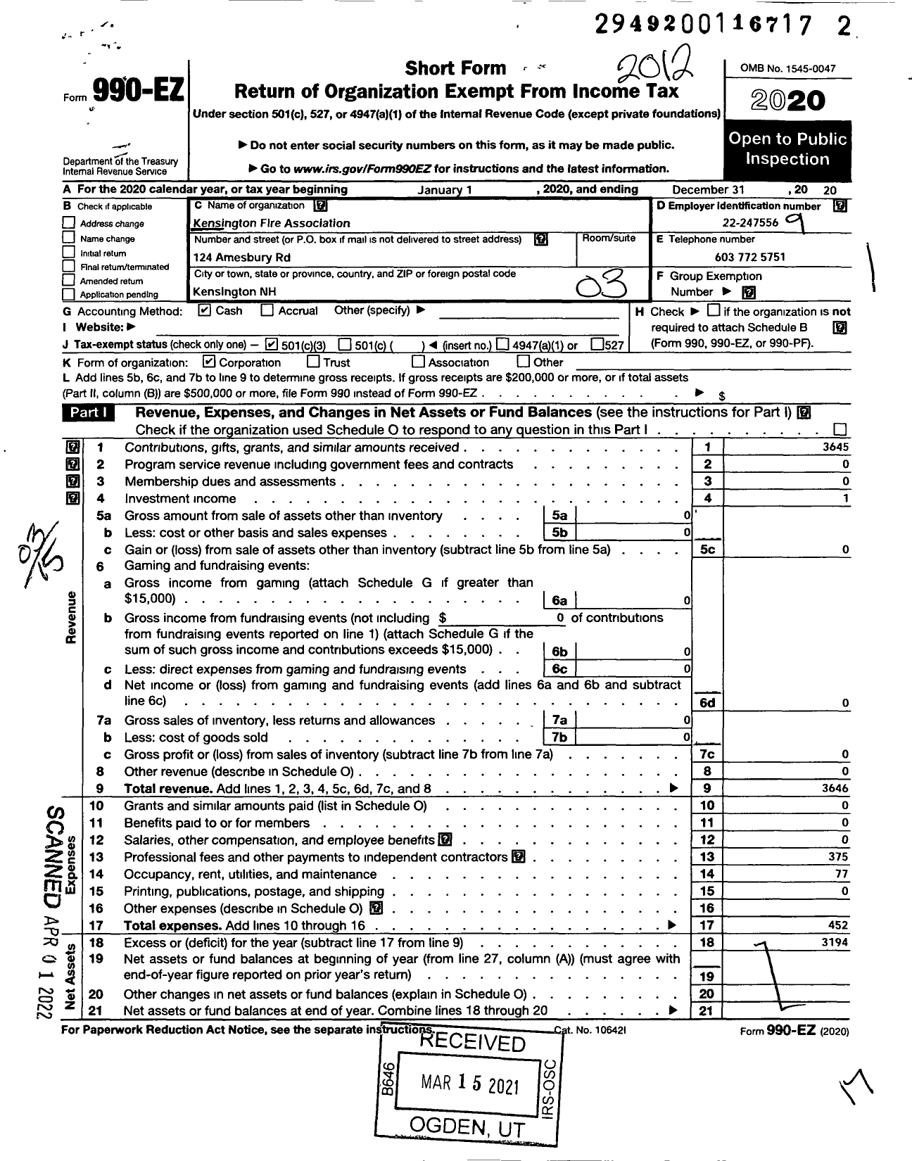 Image of first page of 2020 Form 990EZ for Kensington Fire Association