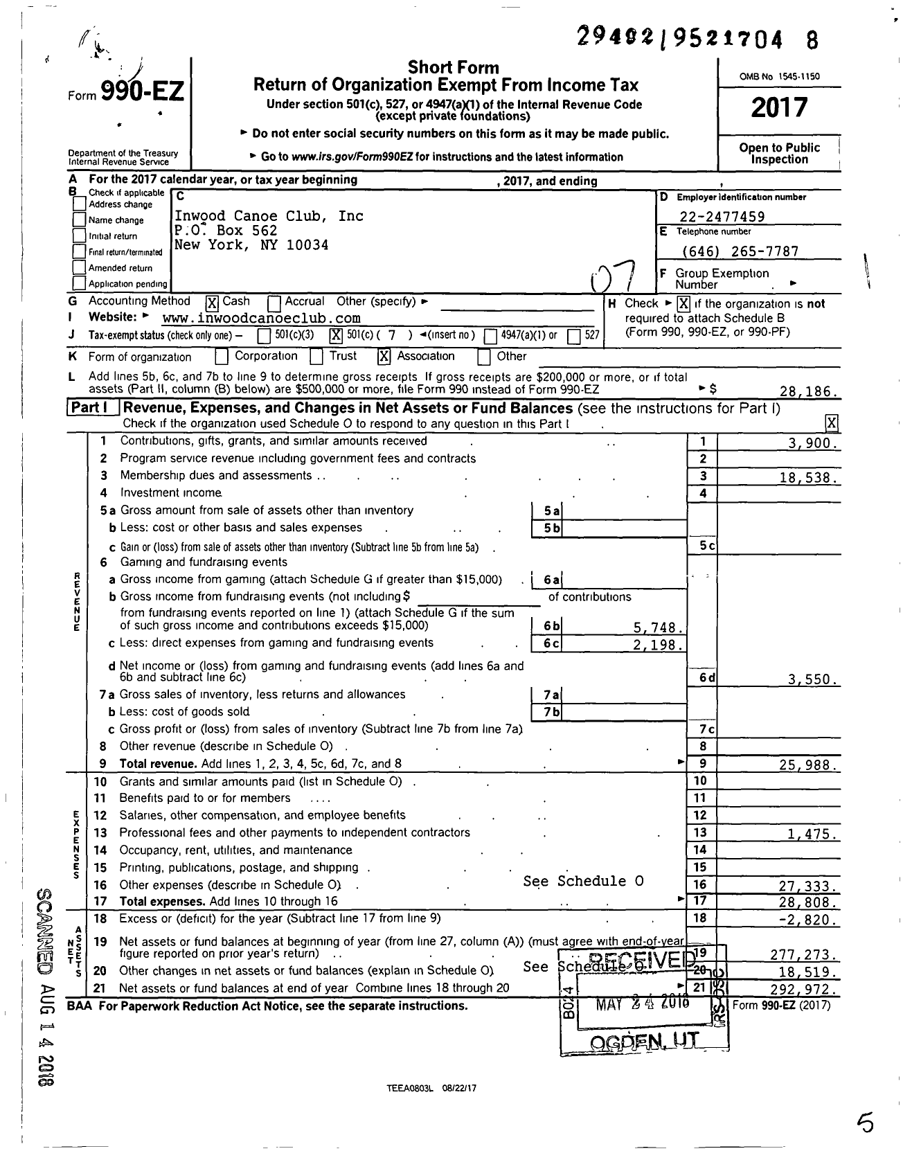 Image of first page of 2017 Form 990EO for Inwood Canoe Club