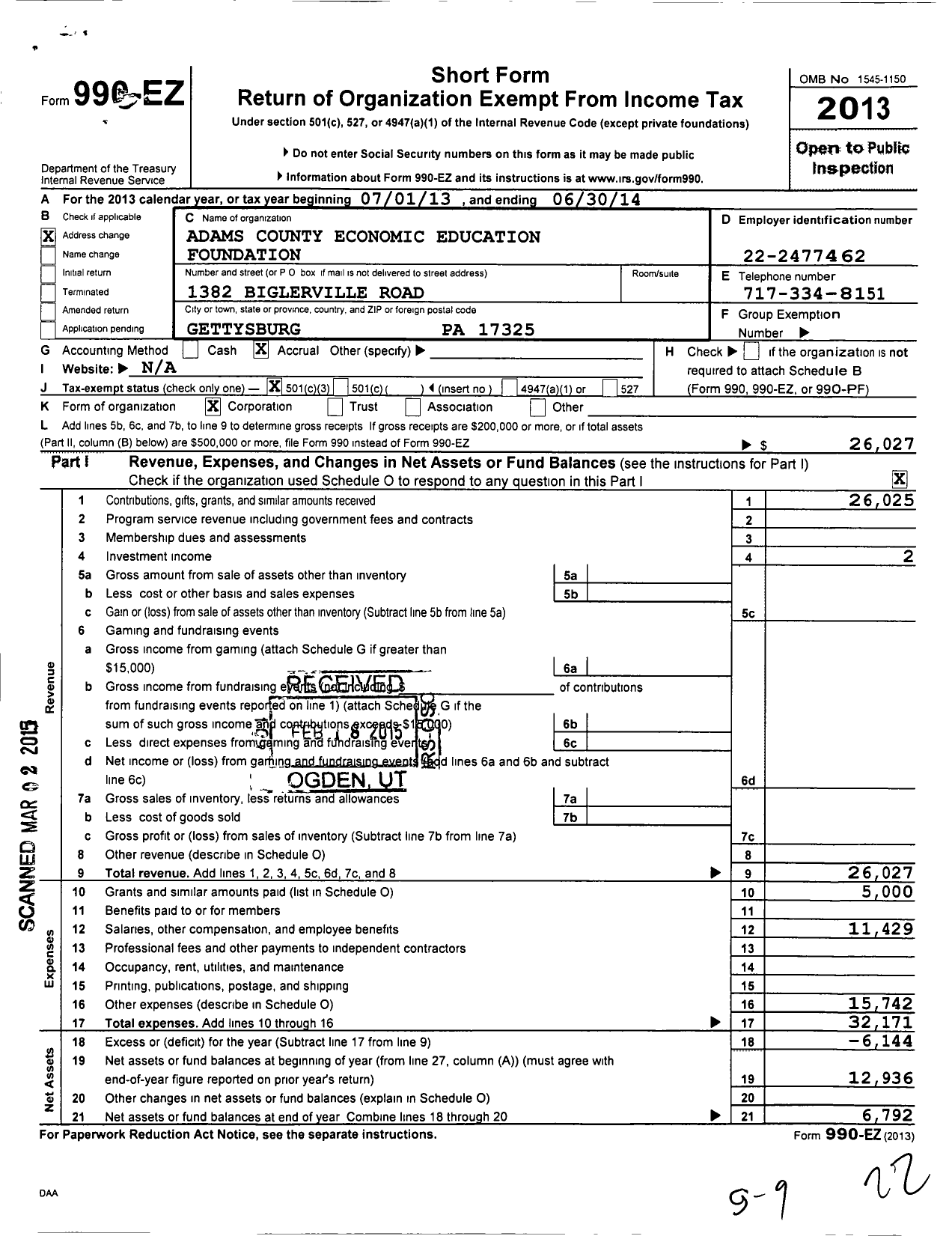 Image of first page of 2013 Form 990EZ for Adams County Economic Education Foundation