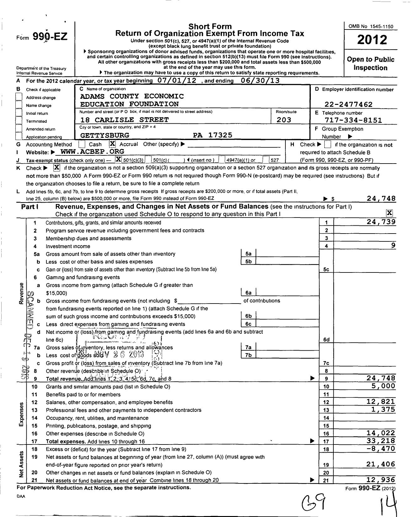 Image of first page of 2012 Form 990EZ for Adams County Economic Education Foundation