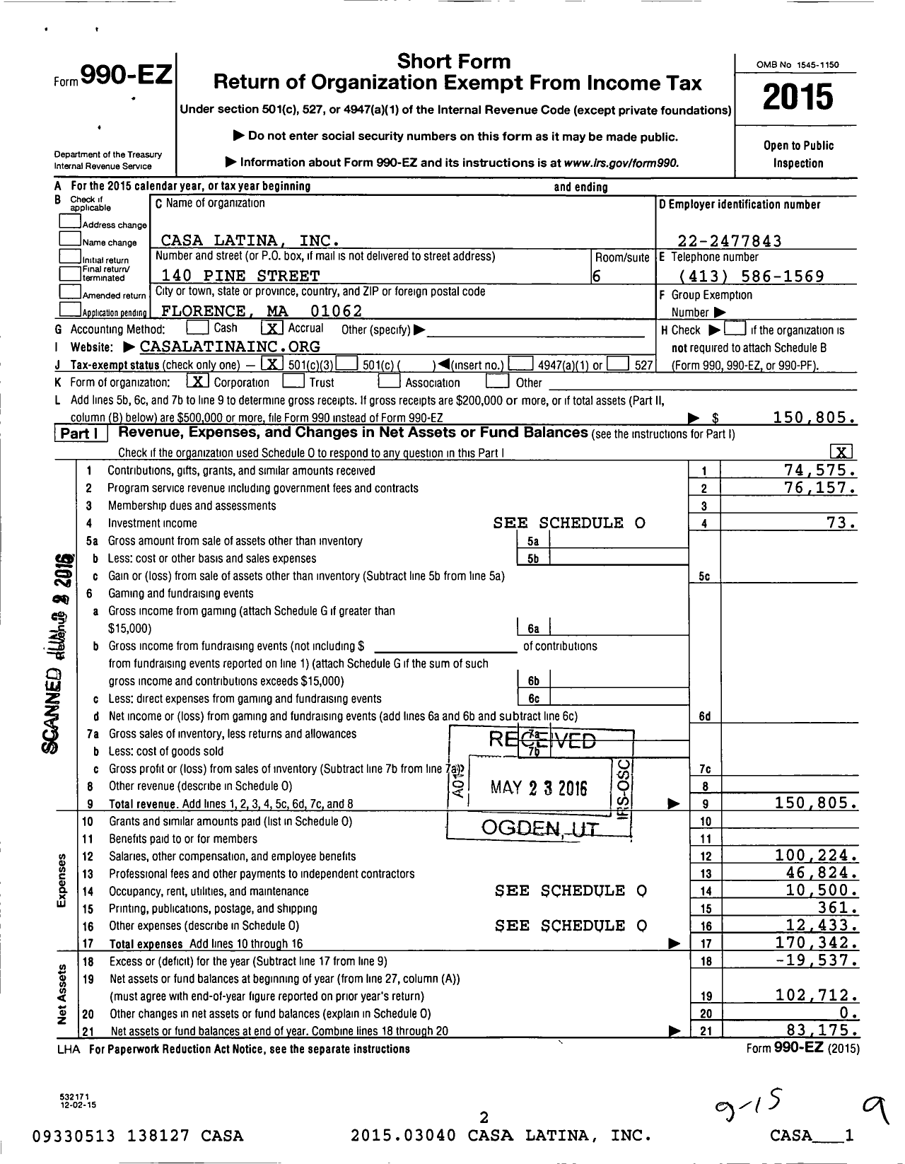 Image of first page of 2015 Form 990EZ for Casa Latina