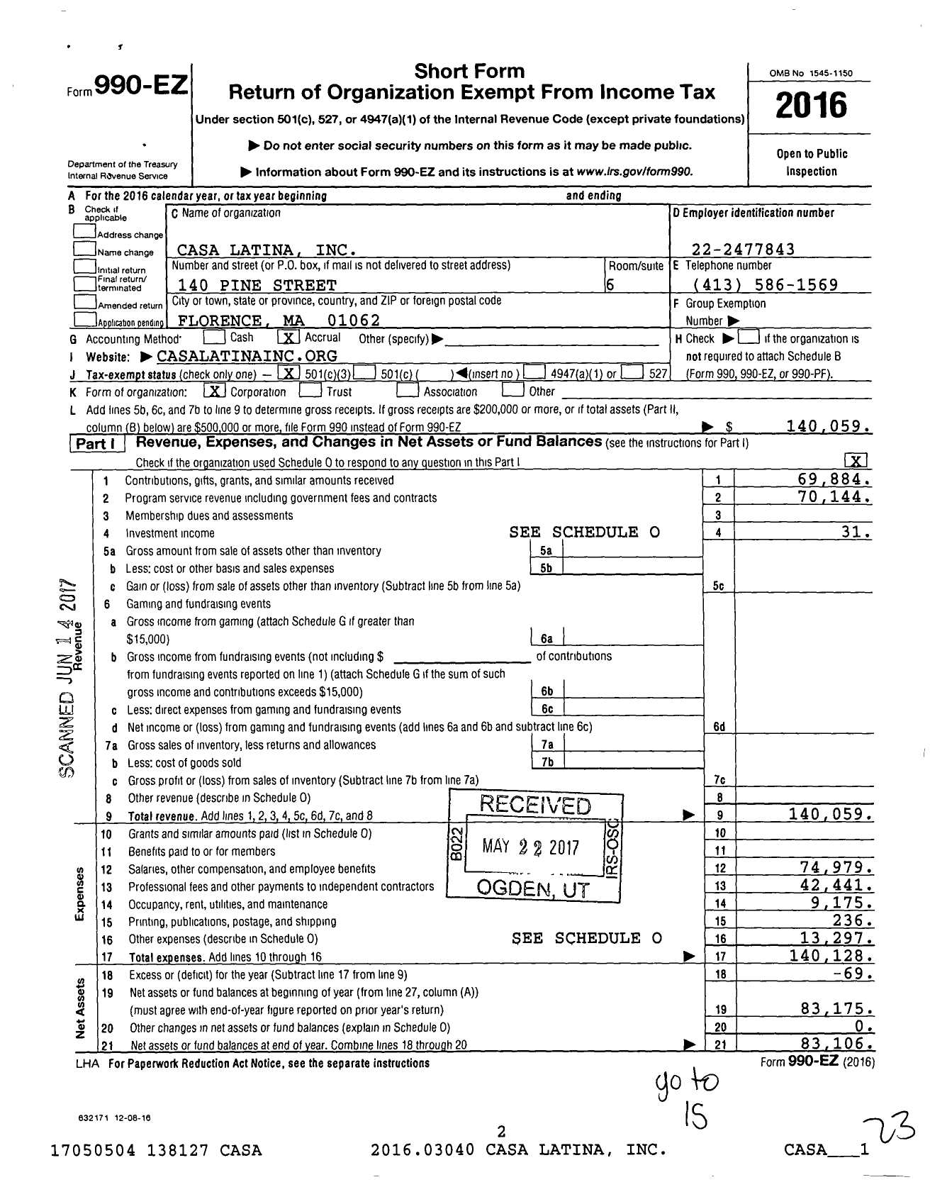 Image of first page of 2016 Form 990EZ for Casa Latina