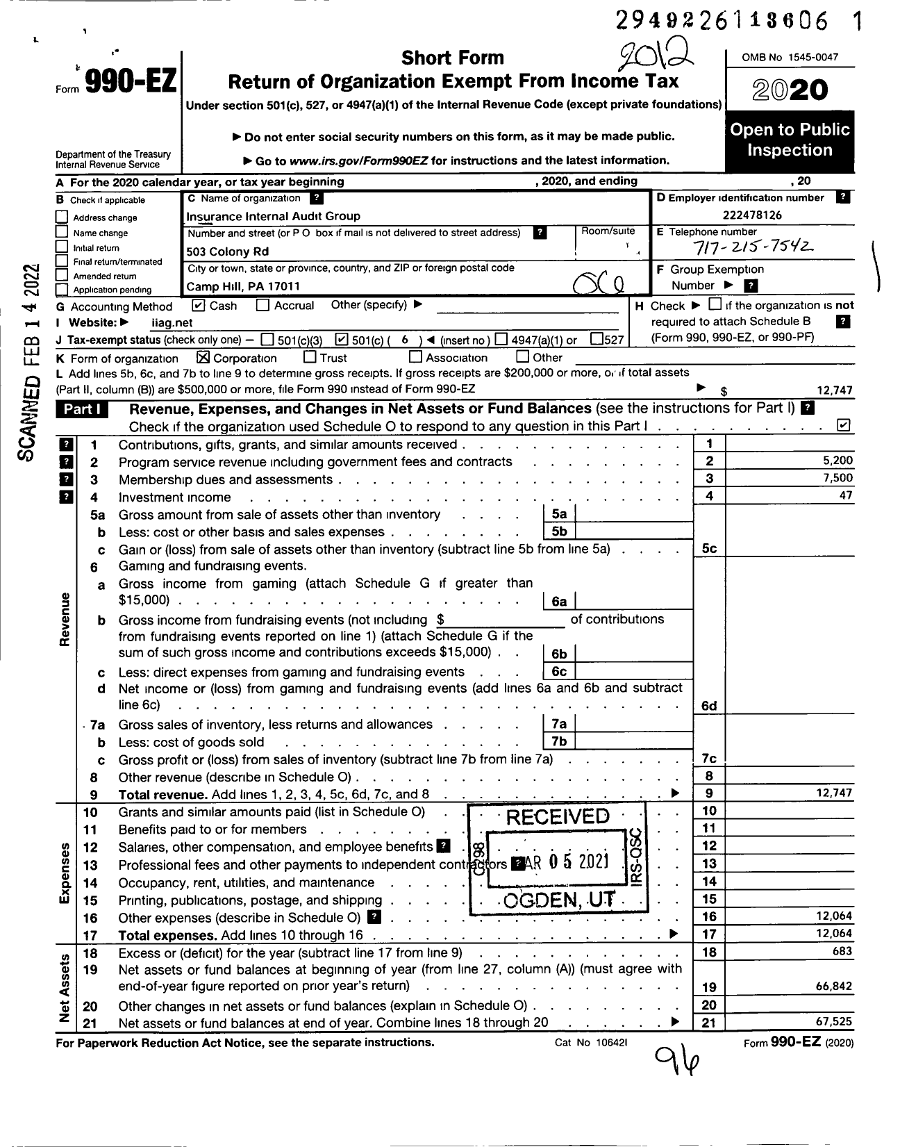 Image of first page of 2020 Form 990EO for Insurance Internal Audit Group