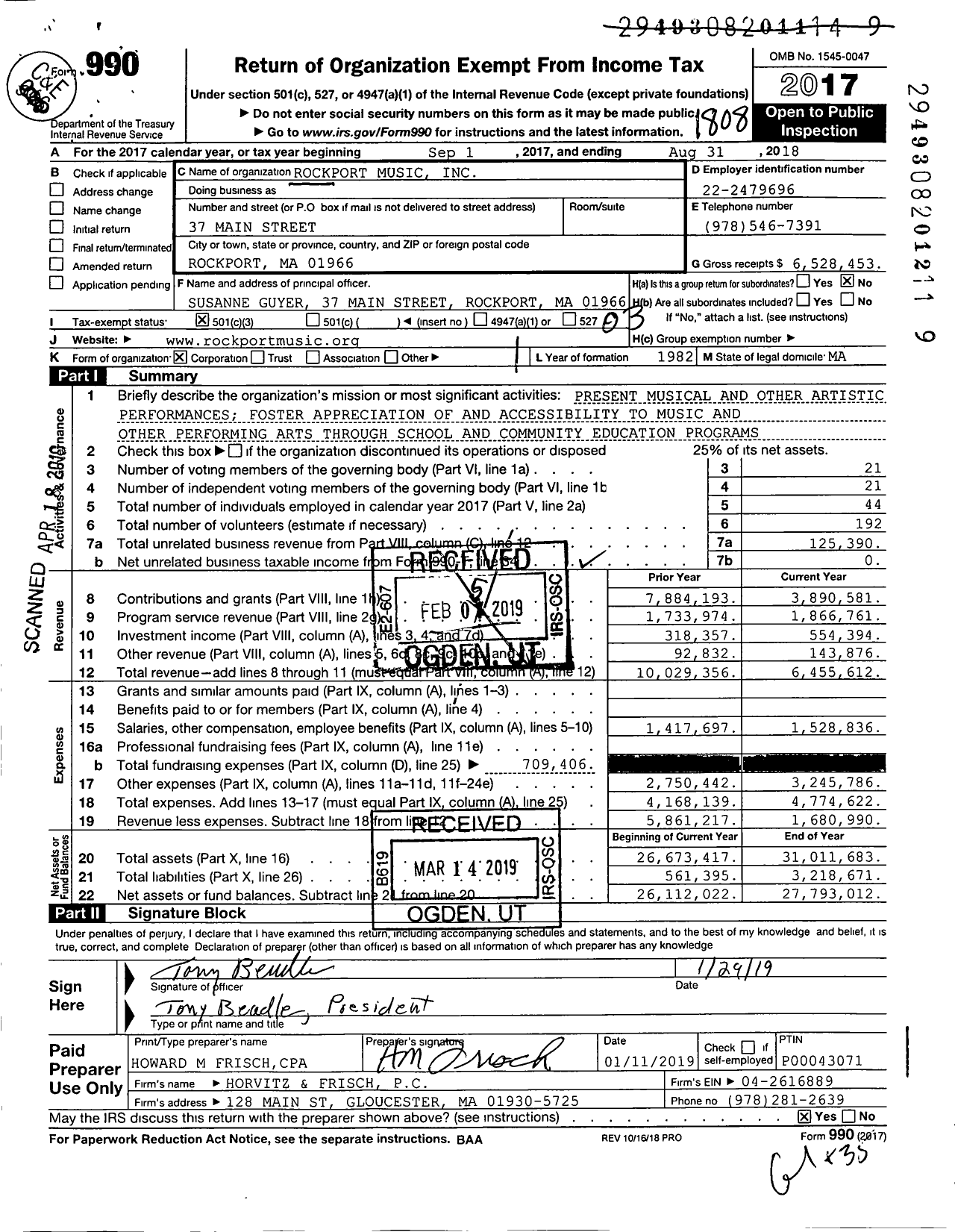 Image of first page of 2017 Form 990 for Rockport Music