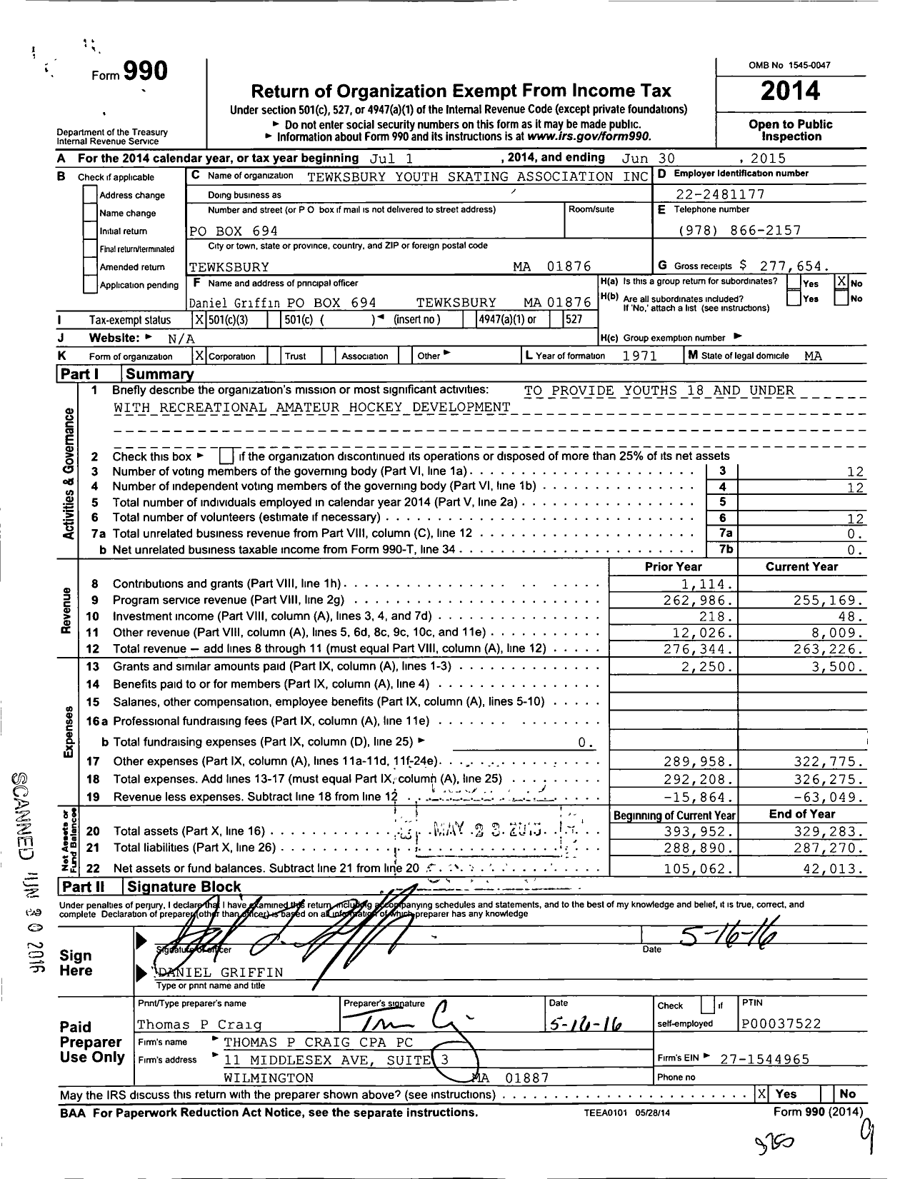 Image of first page of 2014 Form 990 for Tewksbury Youth Skating Association