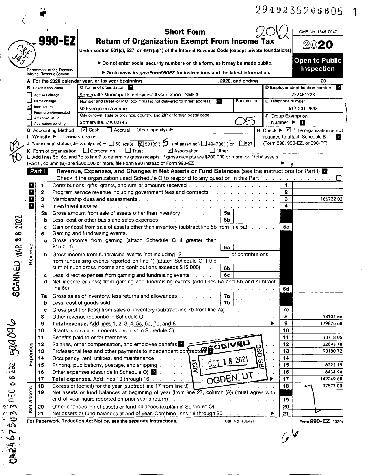 Image of first page of 2020 Form 990EO for Somerville Municipal Employees Association