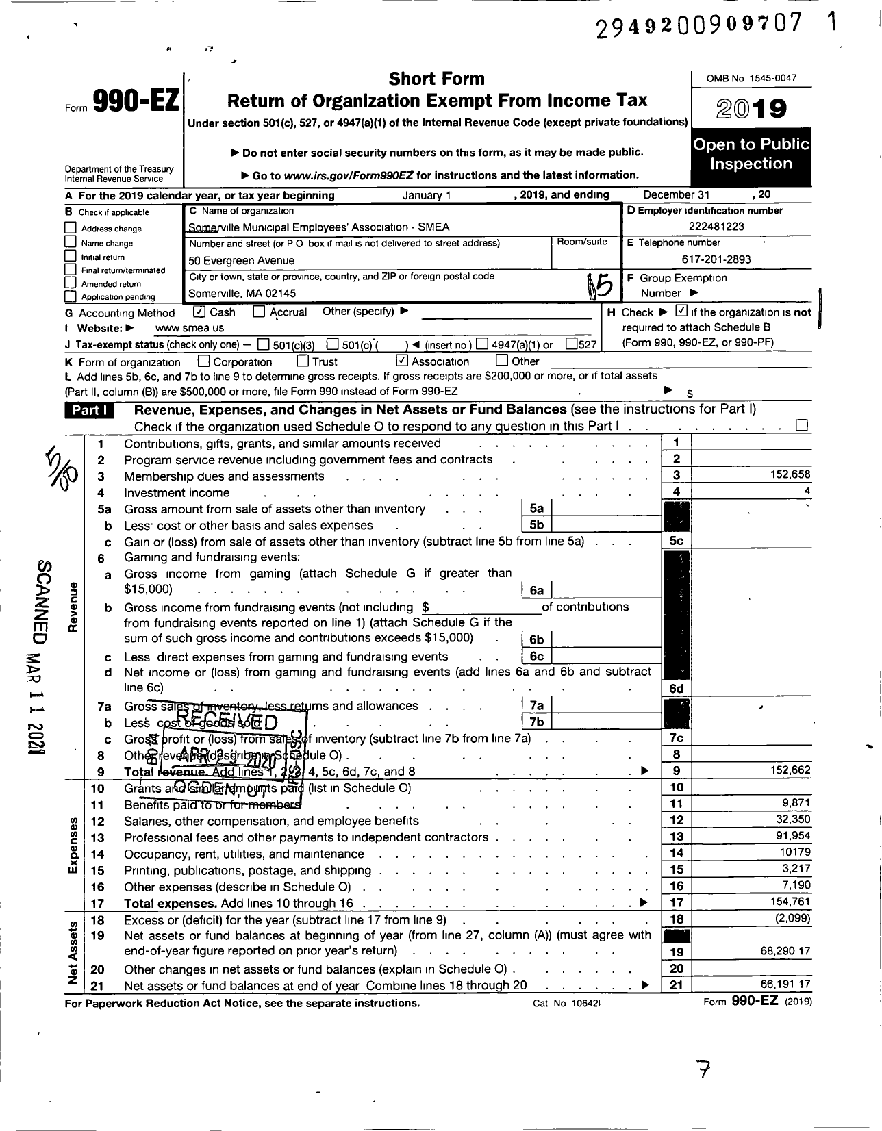 Image of first page of 2019 Form 990EO for Somerville Municipal Employees Association