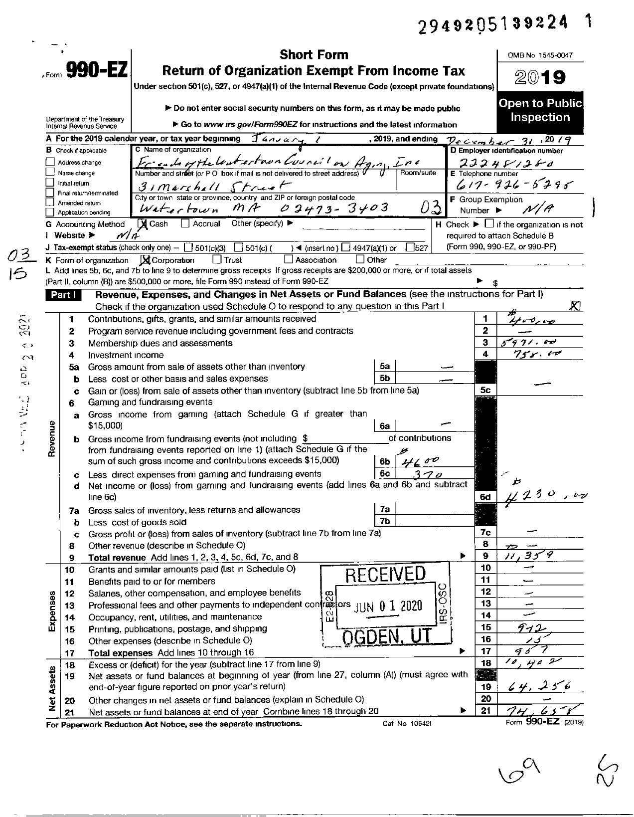 Image of first page of 2019 Form 990EZ for Friends of the Watertown Council on Aging