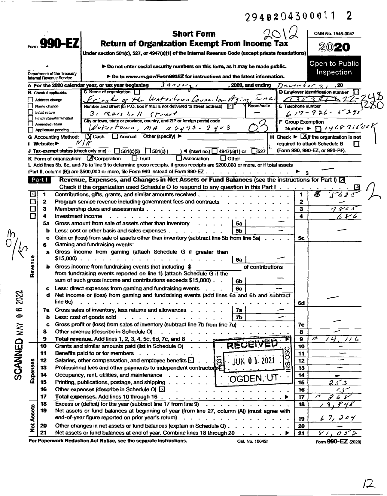 Image of first page of 2020 Form 990EZ for Friends of the Watertown Council on Aging