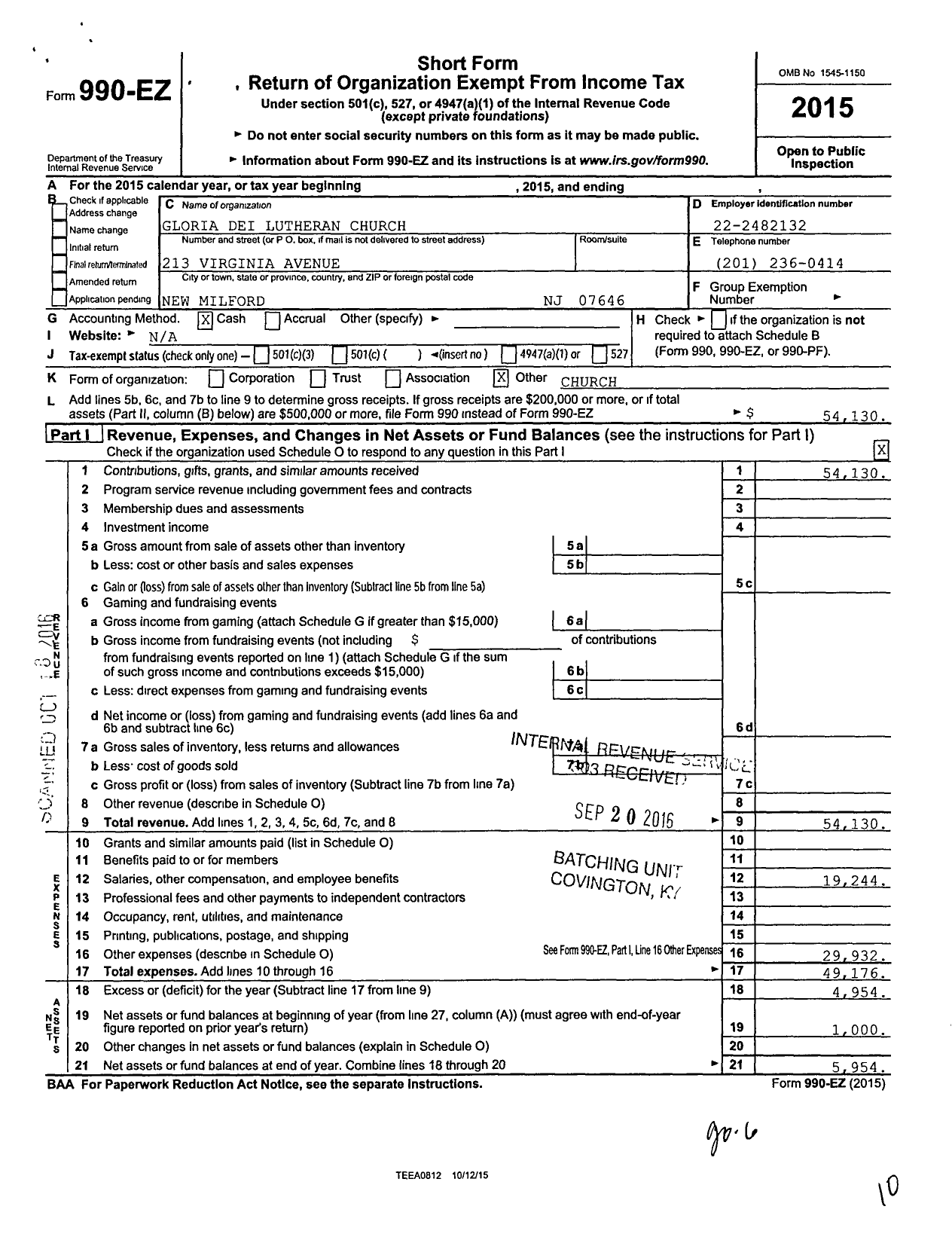 Image of first page of 2015 Form 990EO for Gloria Dei Lutheran Church