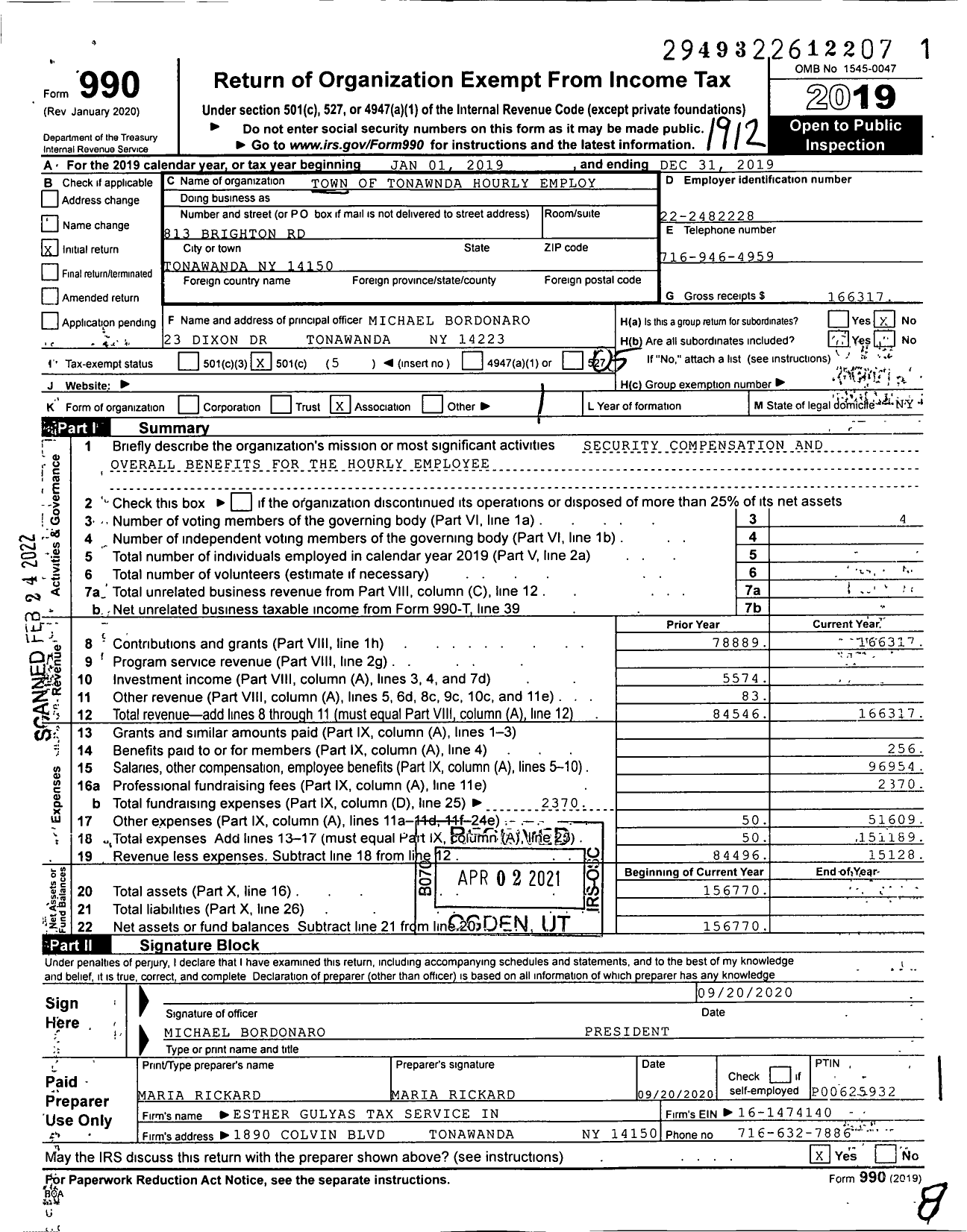 Image of first page of 2019 Form 990O for Town of Tonawnda Hourly Employ