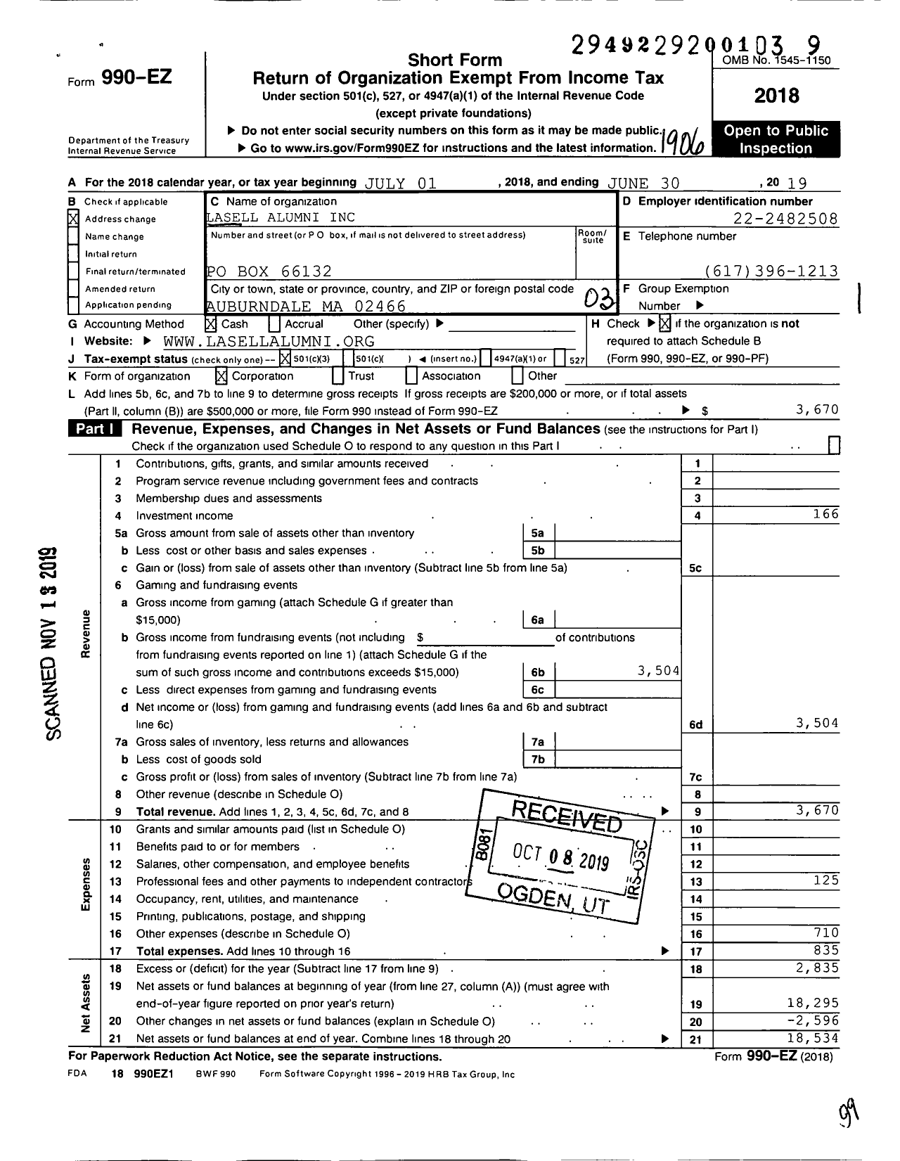 Image of first page of 2018 Form 990EZ for Lasell Alumni