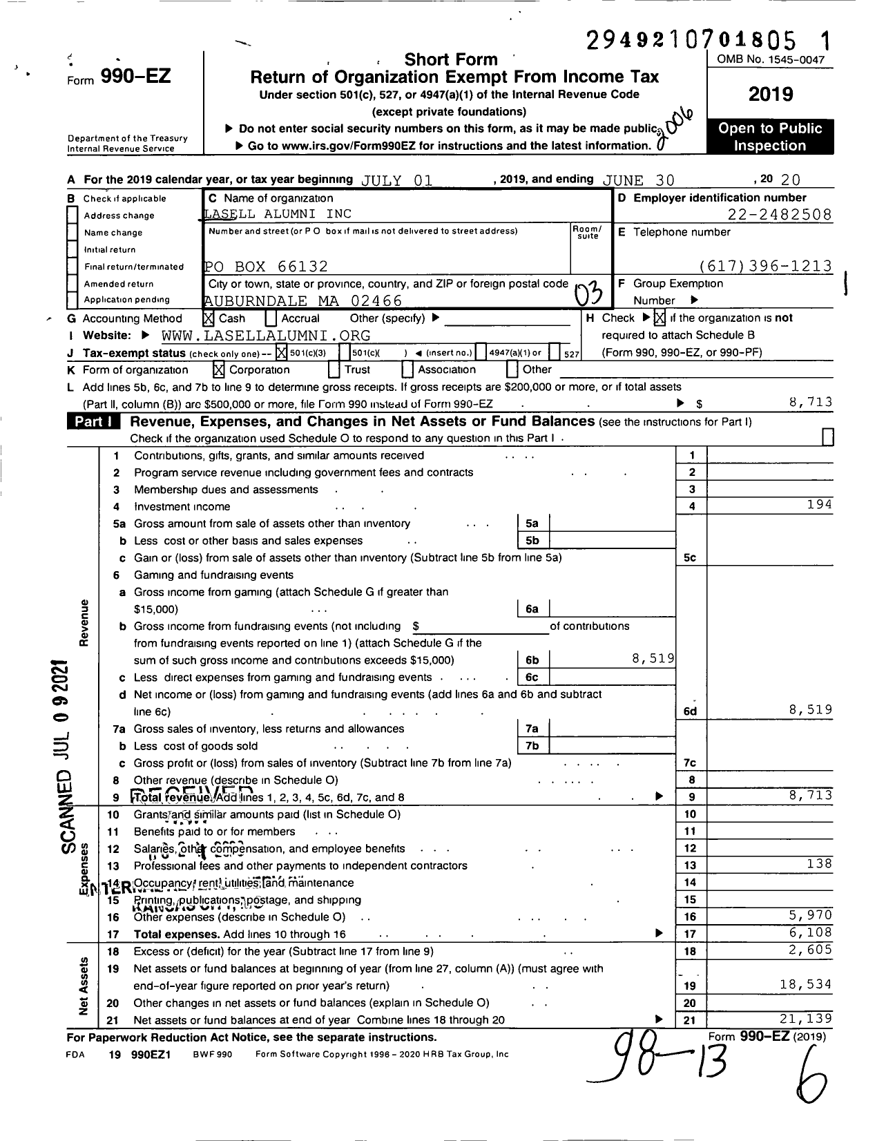 Image of first page of 2019 Form 990EZ for Lasell Alumni
