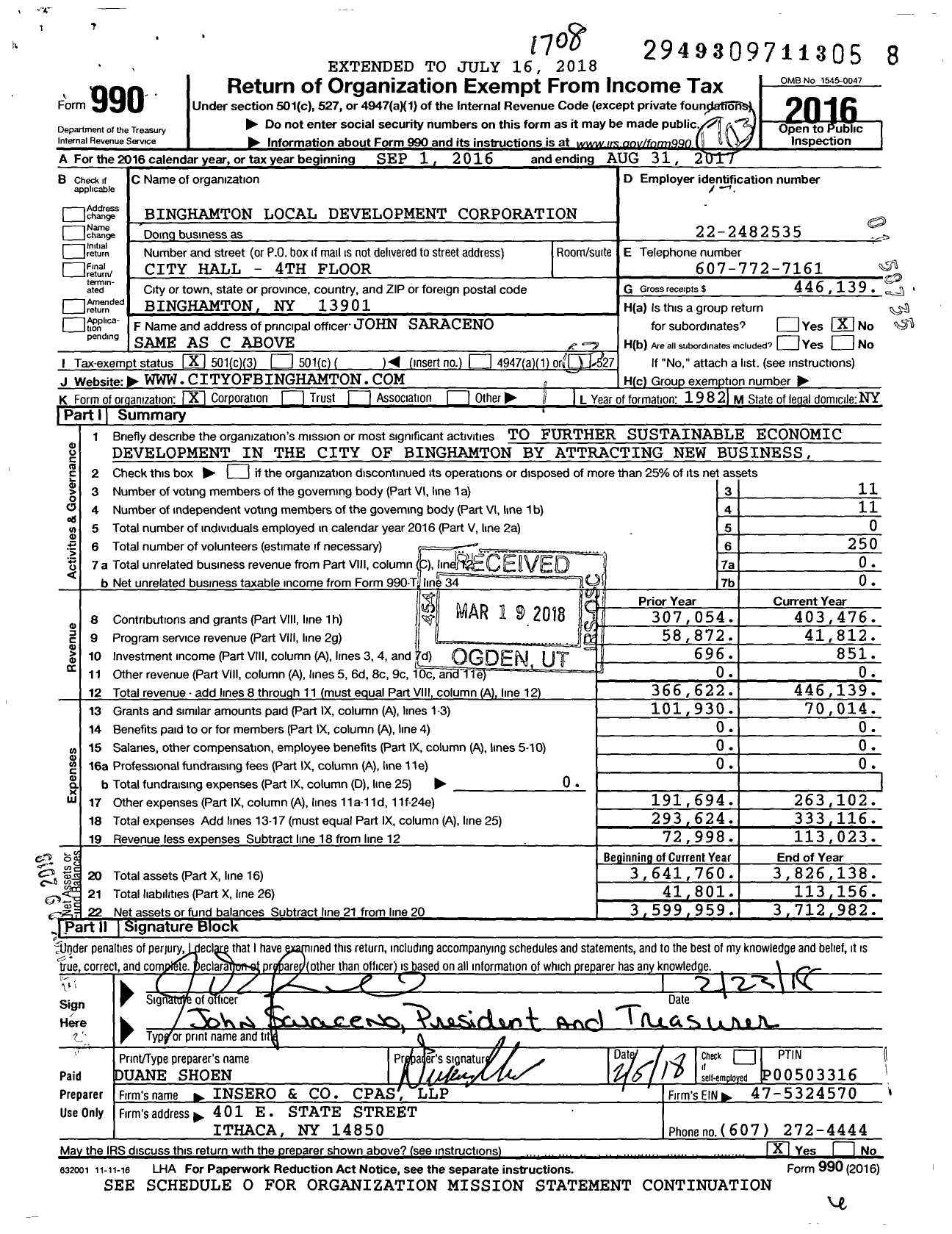 Image of first page of 2016 Form 990 for Binghamton Local Development Corporation