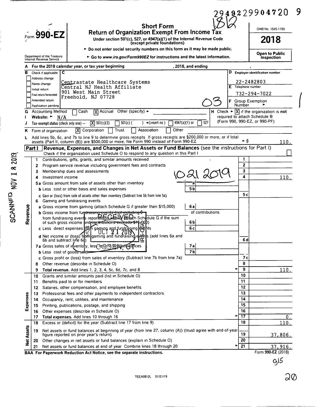 Image of first page of 2018 Form 990EZ for Centrastate Healthcare Systems Central NJ Health Affiliate