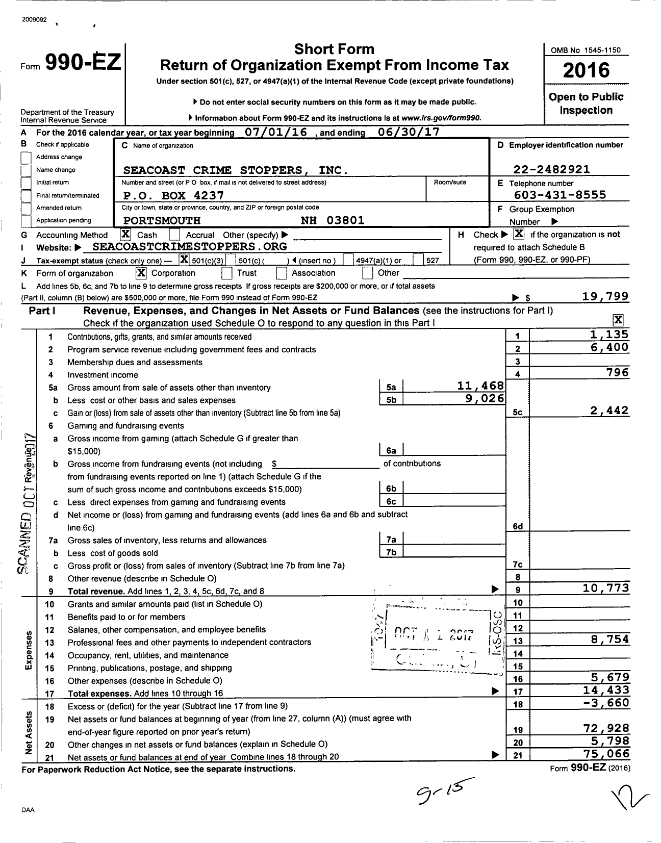 Image of first page of 2016 Form 990EZ for Seacoast Crime Stoppers