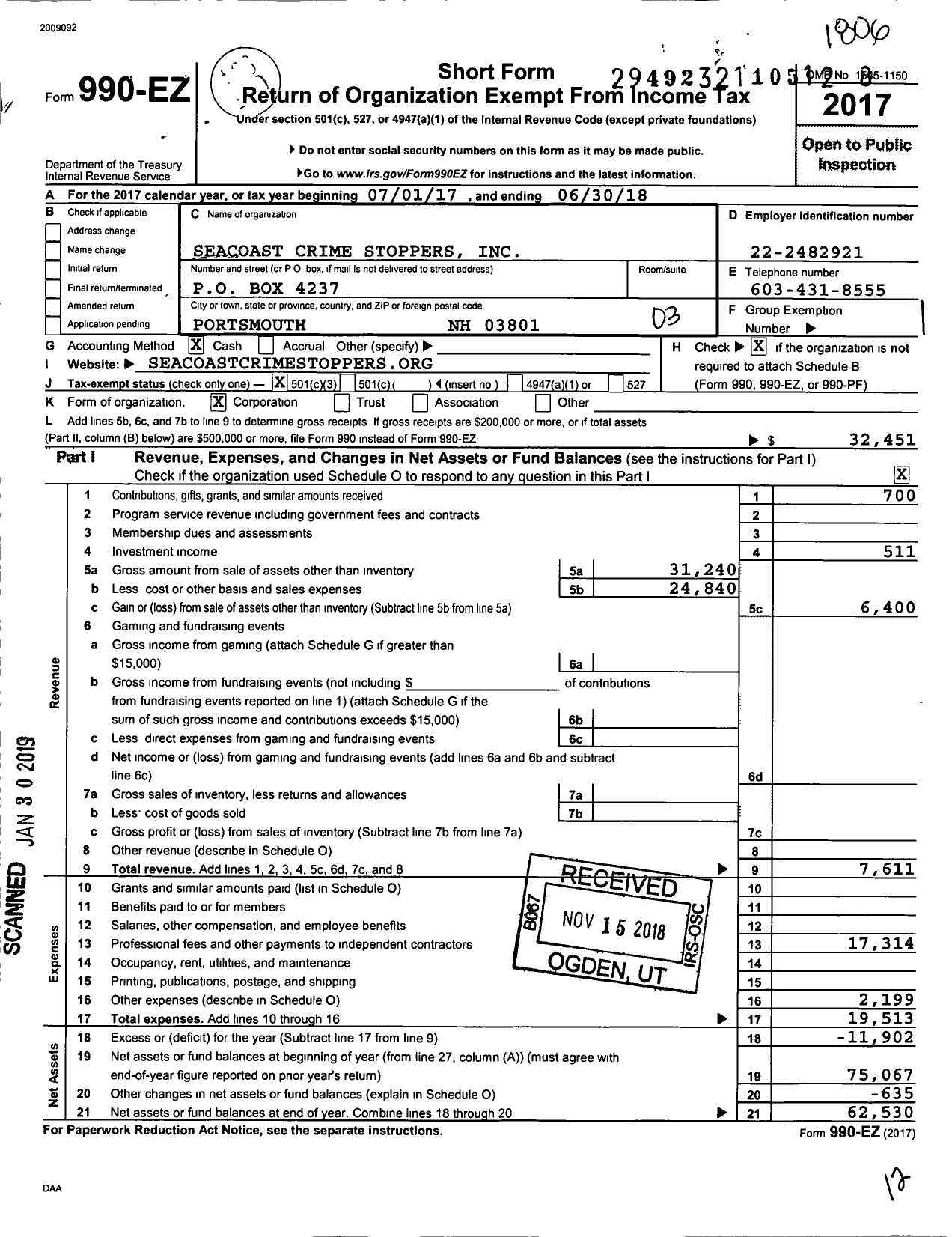 Image of first page of 2017 Form 990EZ for Seacoast Crime Stoppers