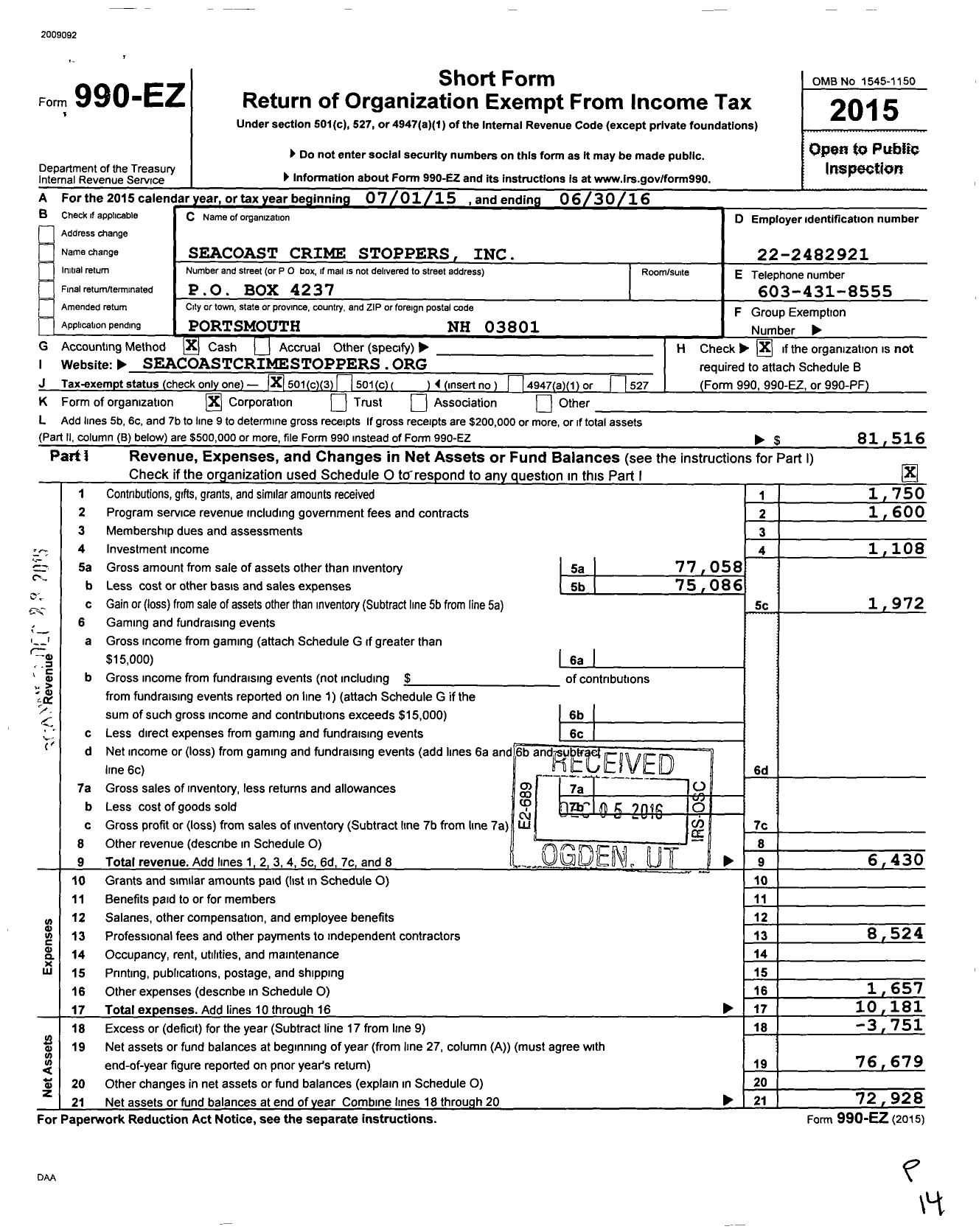 Image of first page of 2015 Form 990EZ for Seacoast Crime Stoppers