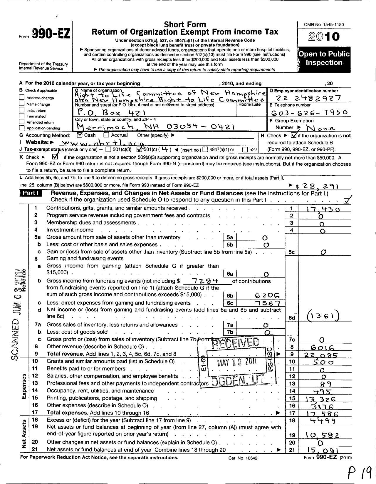 Image of first page of 2010 Form 990EO for Right To Life Committee of New Hampshire