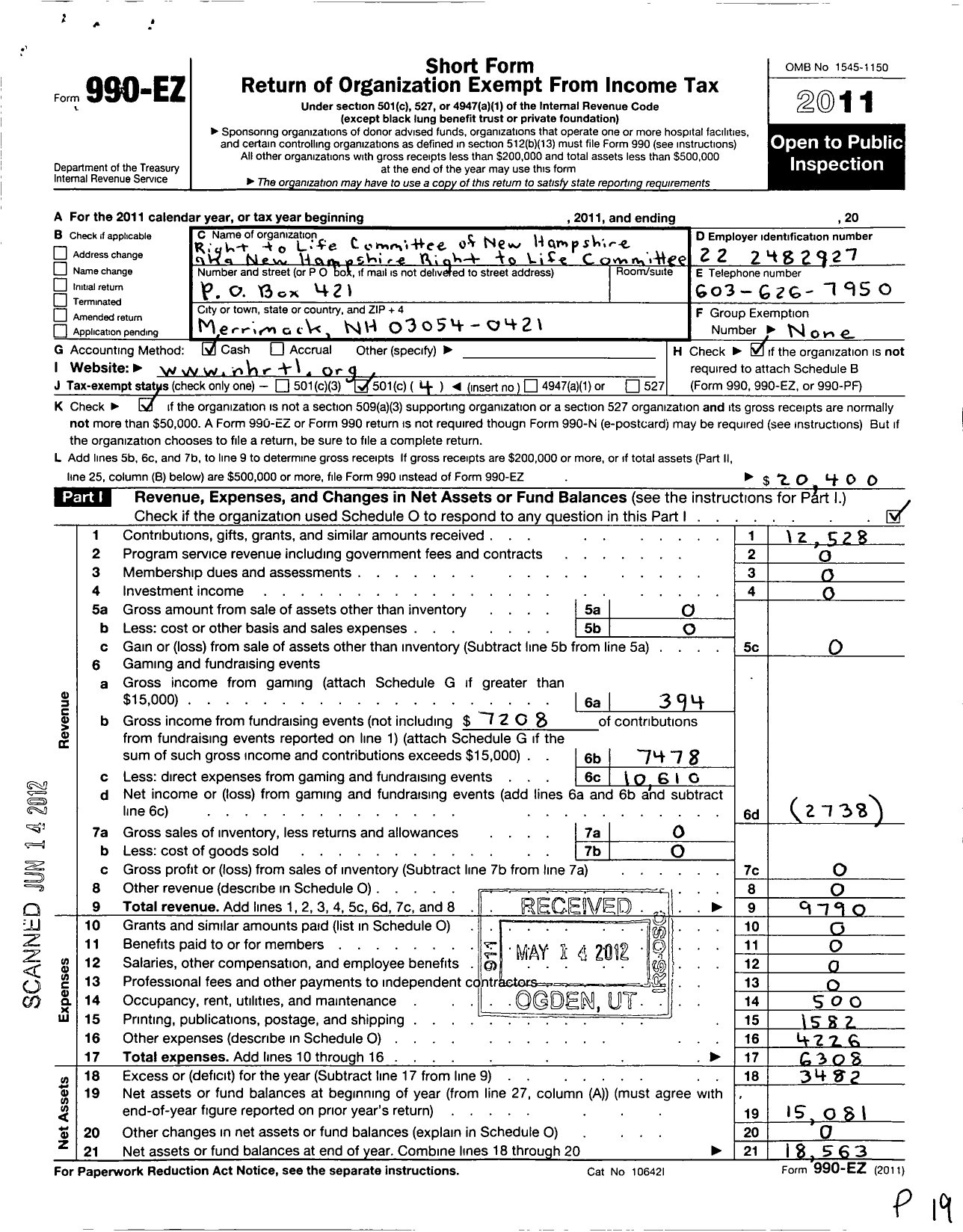 Image of first page of 2011 Form 990EO for Right To Life Committee of New Hampshire