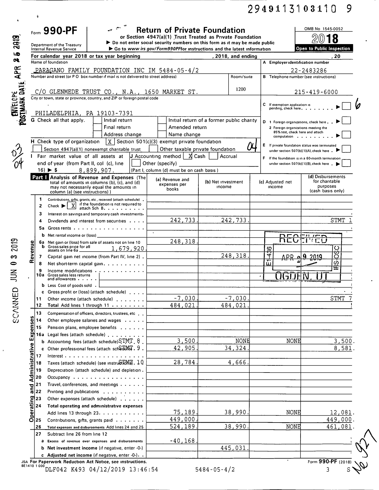 Image of first page of 2018 Form 990PF for Paragano Family Foundation