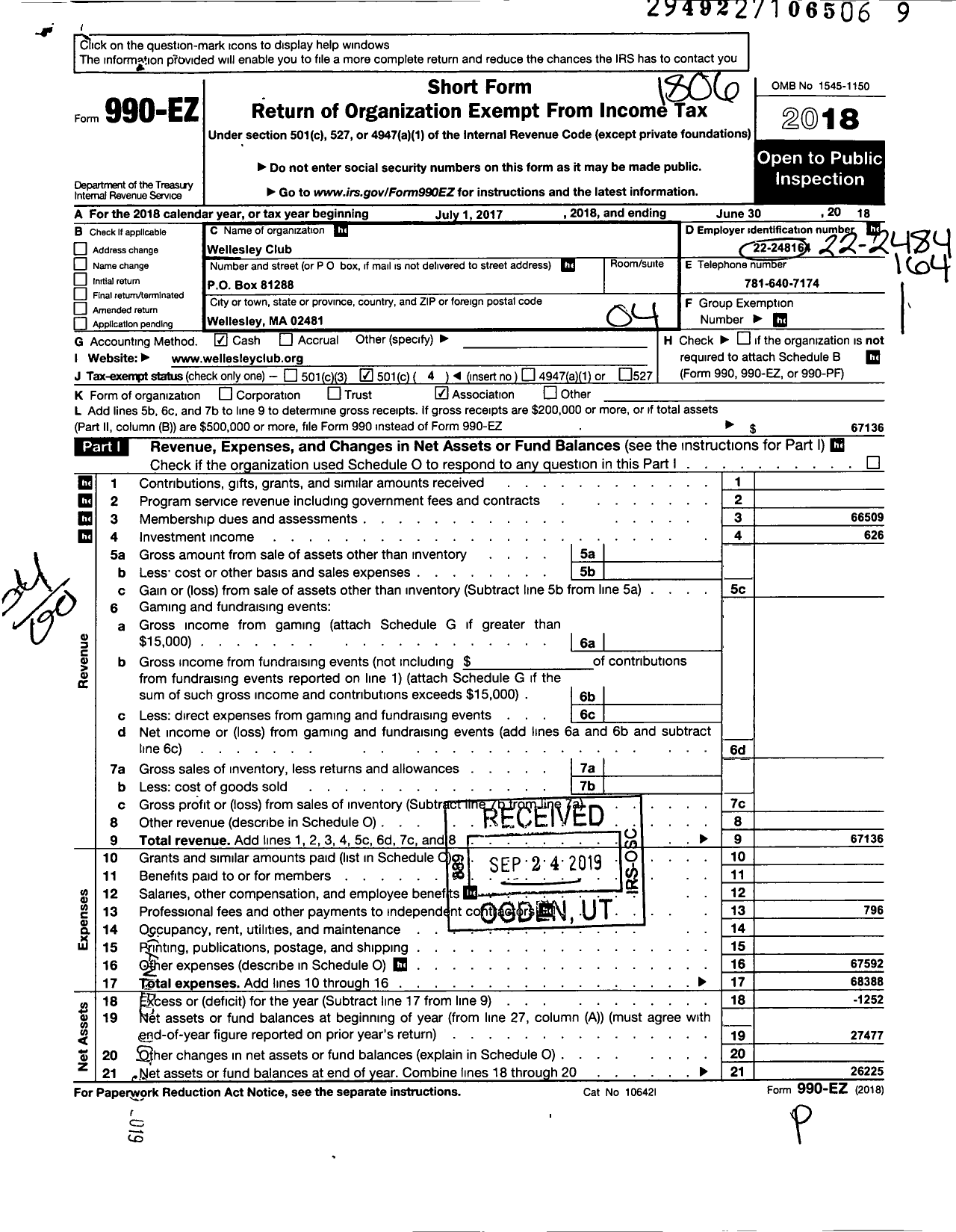 Image of first page of 2017 Form 990EO for Wellesley Club