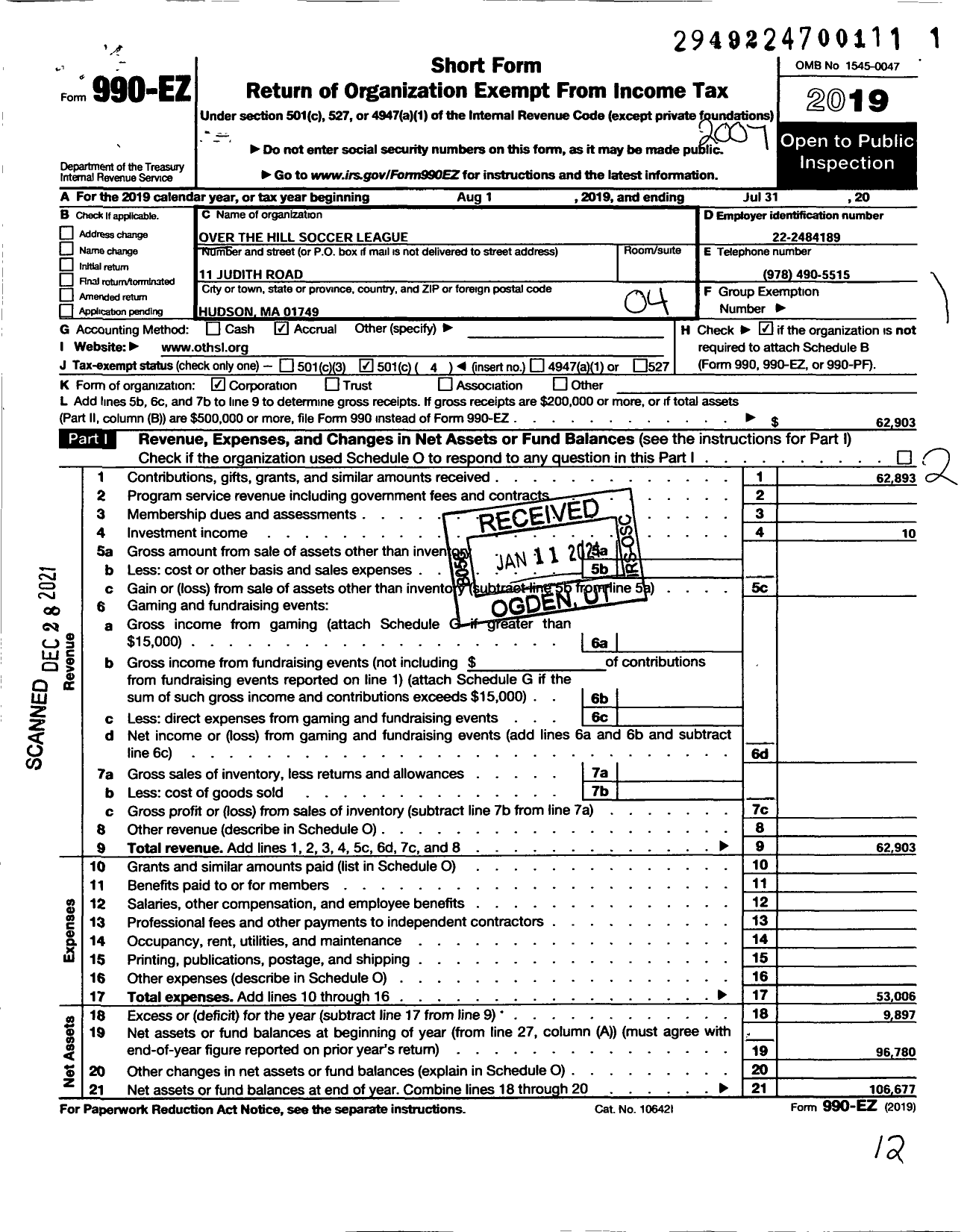 Image of first page of 2019 Form 990EO for The Over the Hill Soccer League