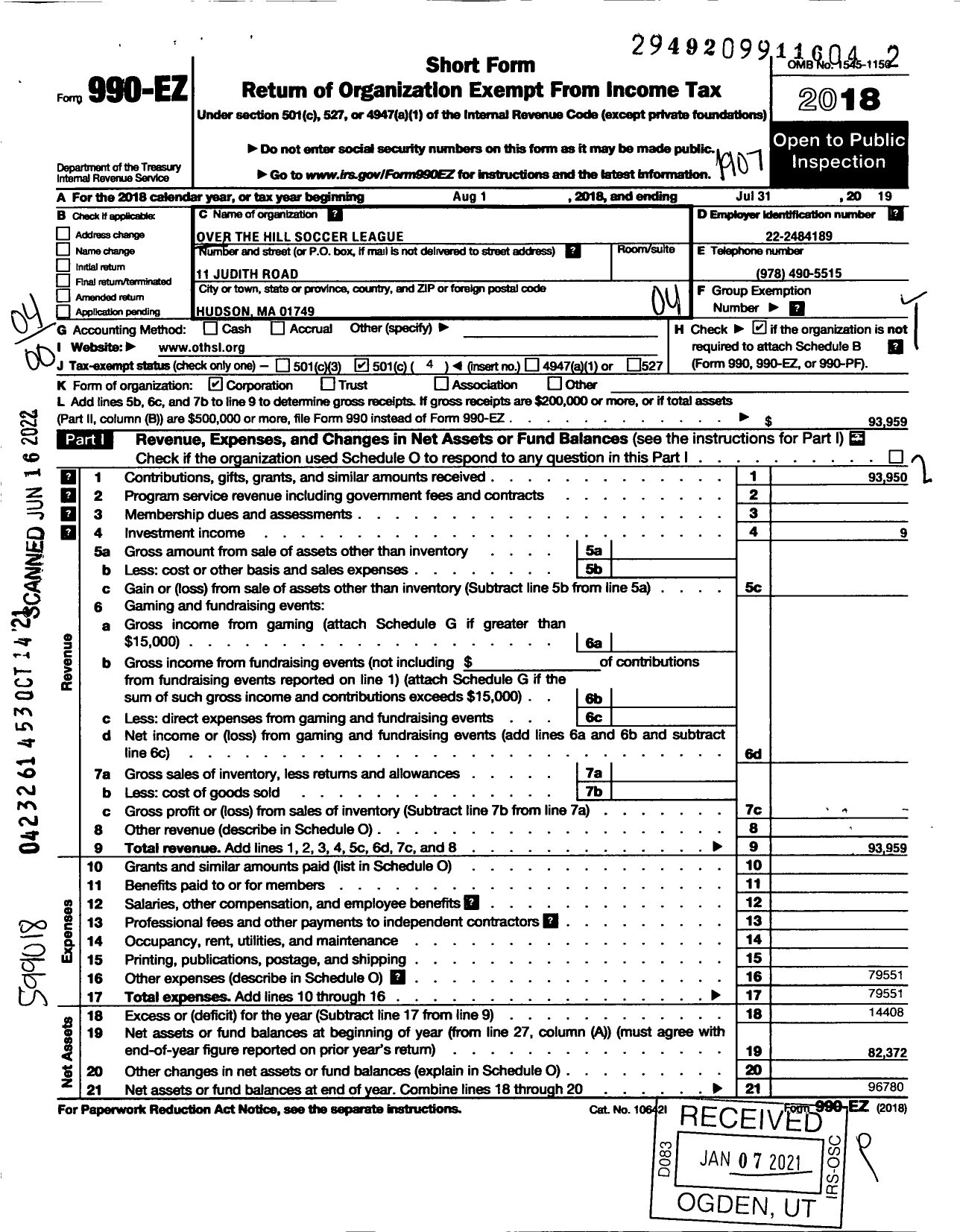 Image of first page of 2018 Form 990EO for The Over the Hill Soccer League