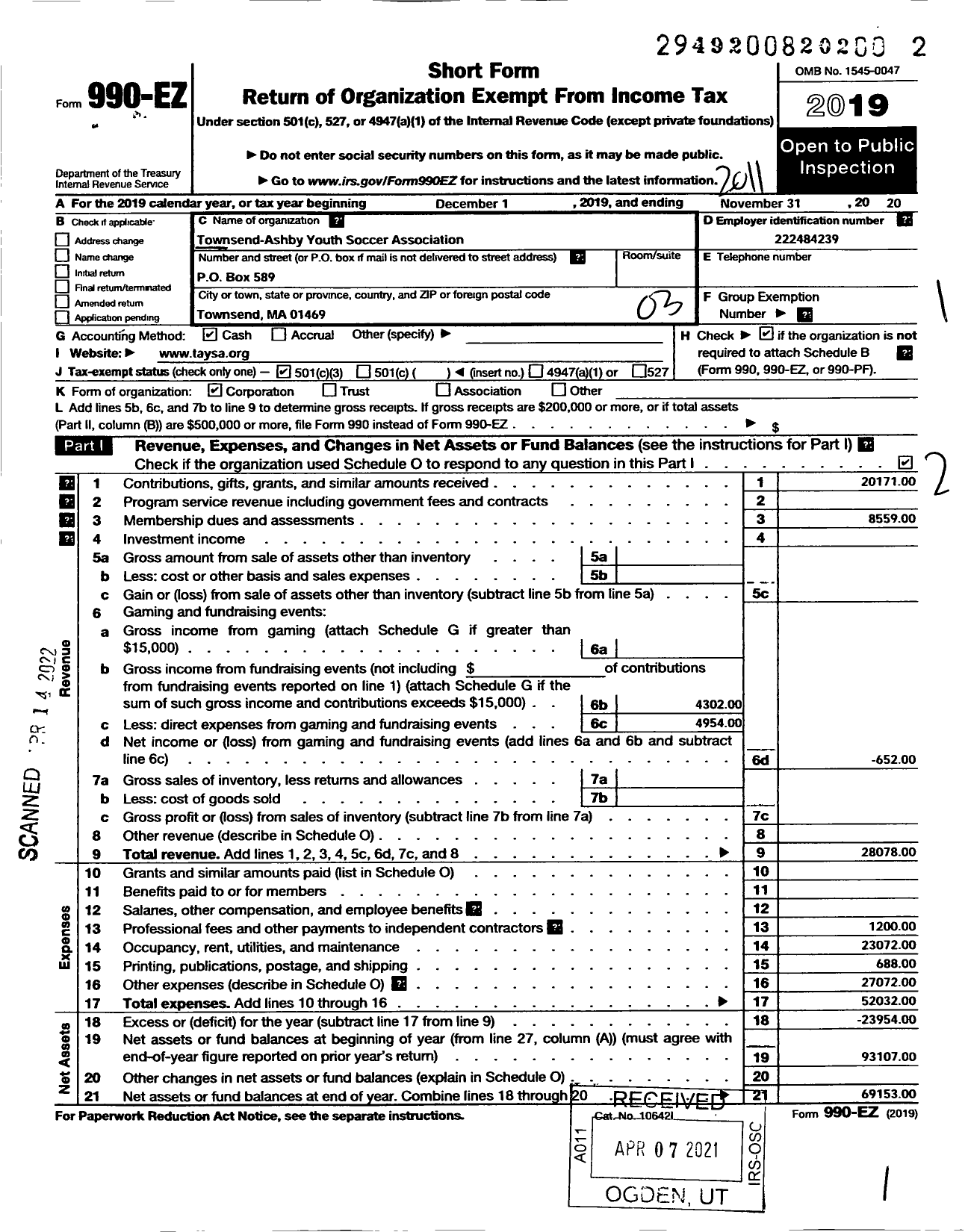 Image of first page of 2019 Form 990EZ for Townsend Youth Soccer Association