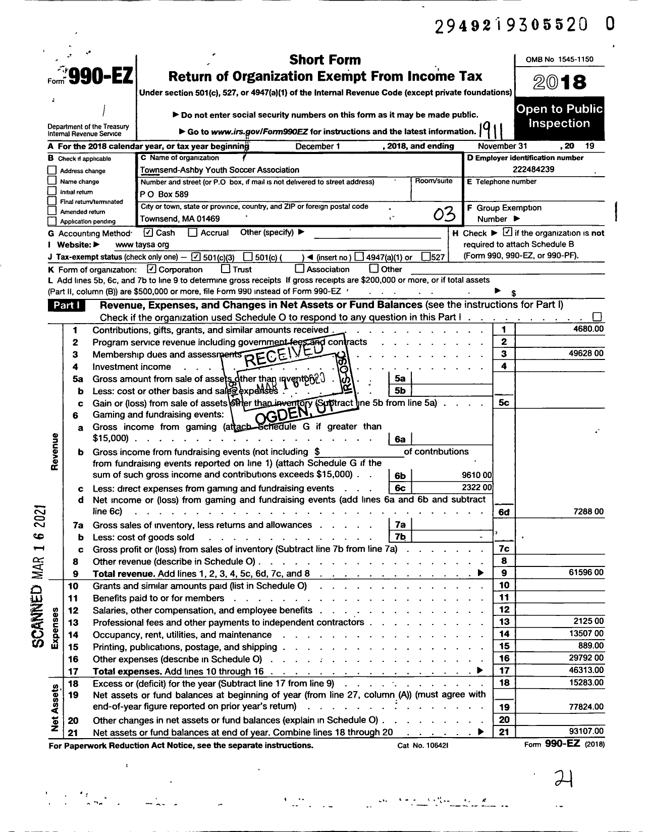 Image of first page of 2018 Form 990EZ for Townsend Youth Soccer Association