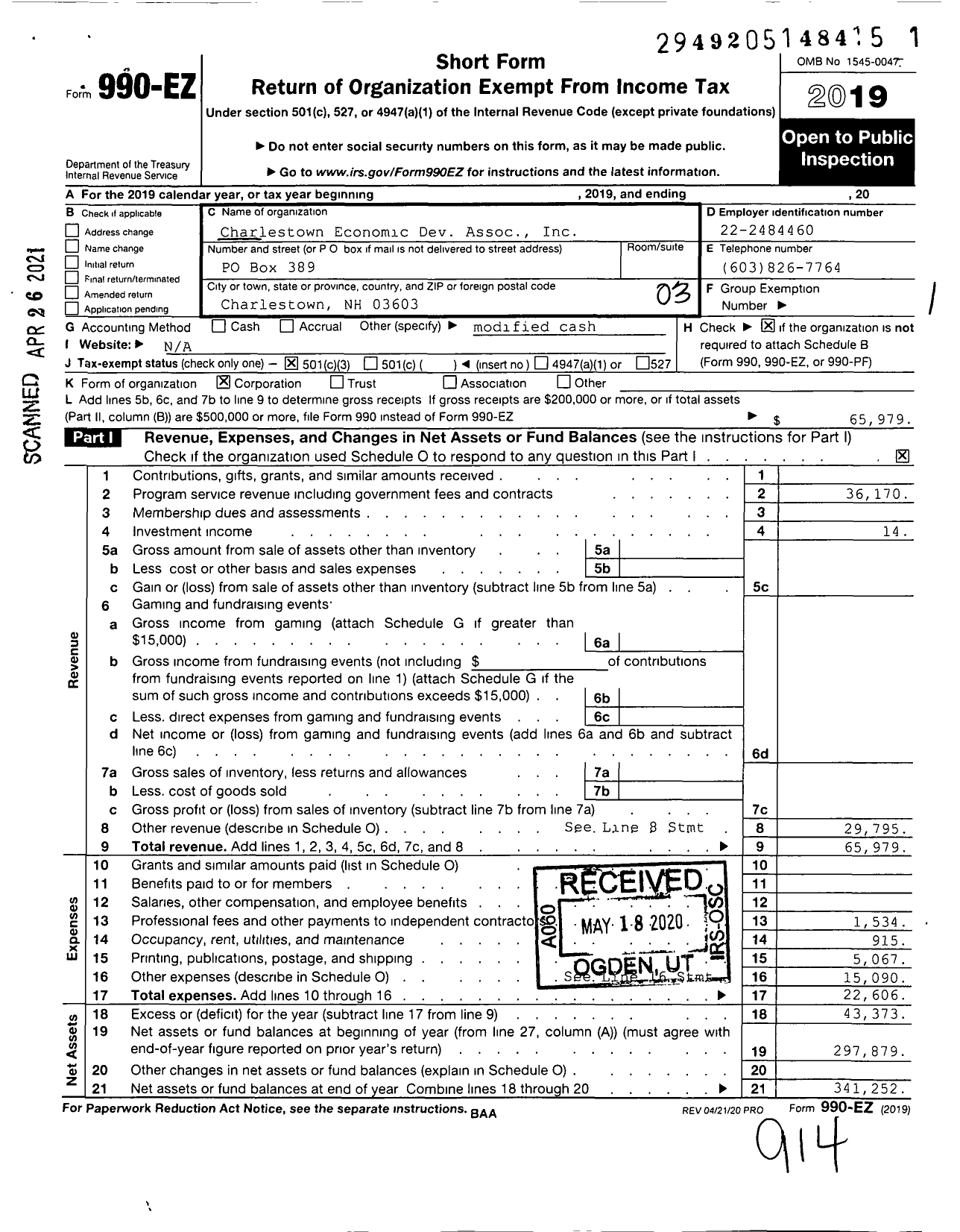 Image of first page of 2019 Form 990EZ for Charlestown Economic Development Association