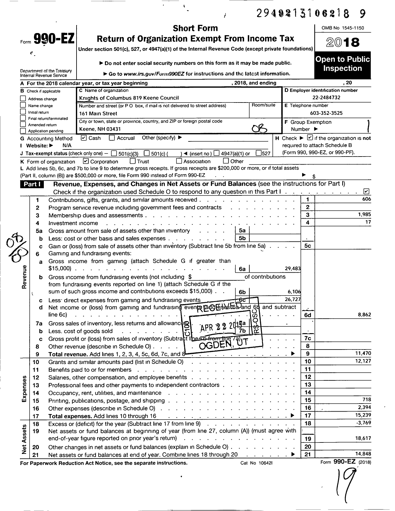 Image of first page of 2018 Form 990EO for KNIGHTS OF COLUMBUS - 819 Keene Council