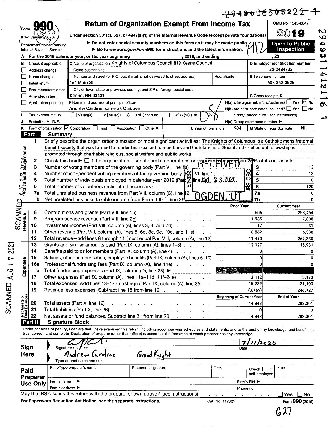 Image of first page of 2019 Form 990O for KNIGHTS OF COLUMBUS - 819 Keene Council