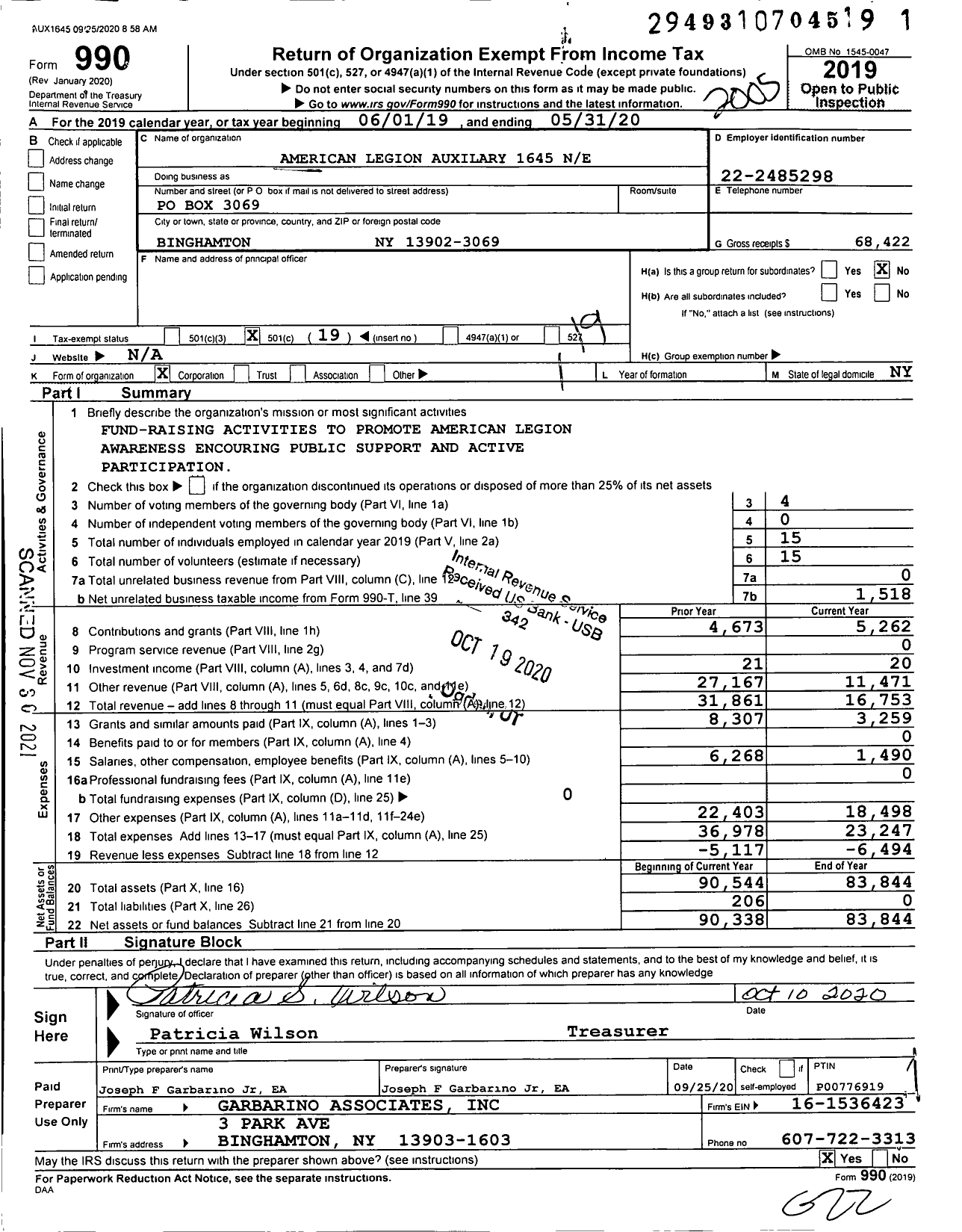 Image of first page of 2019 Form 990O for American Legion Auxiliary - 1645 North-East