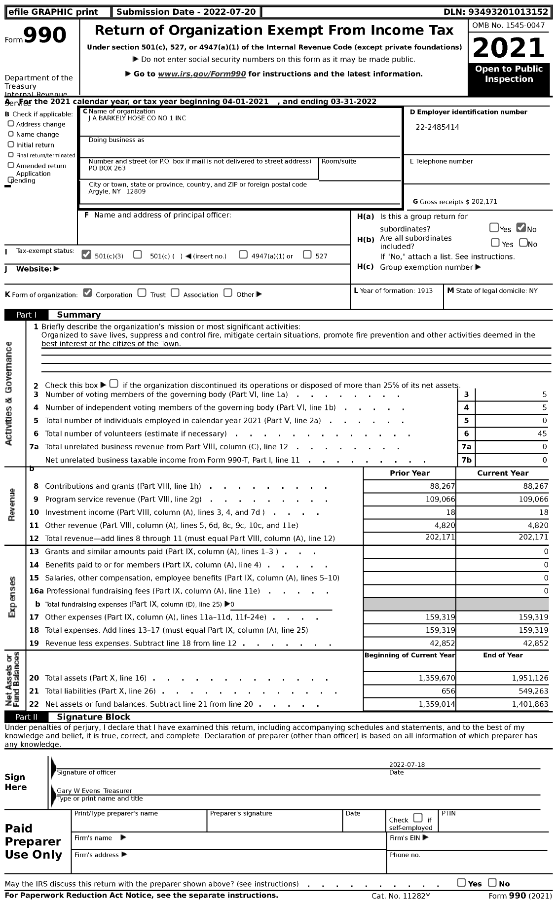 Image of first page of 2021 Form 990 for J A Barkely Hose No 1