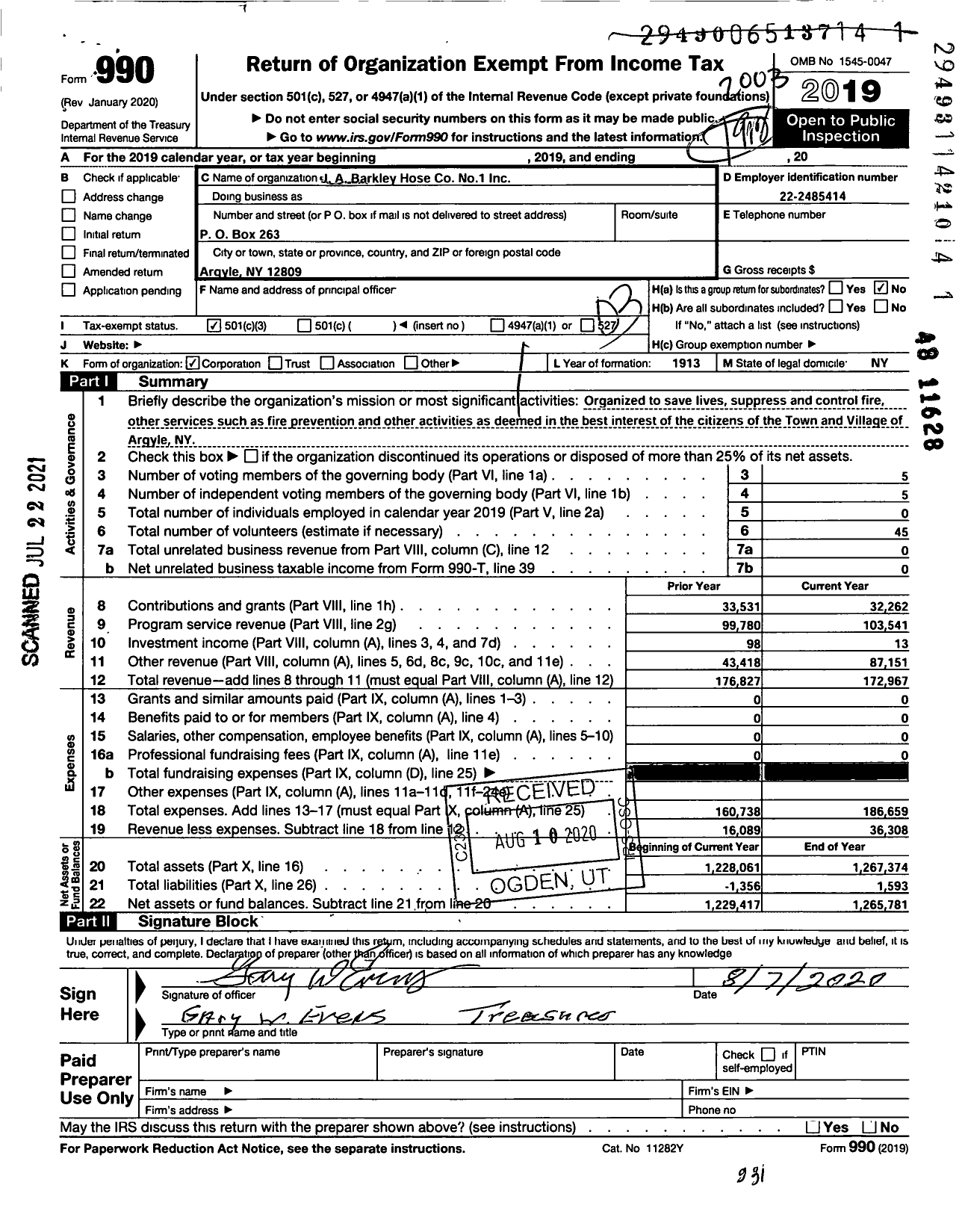 Image of first page of 2019 Form 990 for J A Barkely Hose No 1