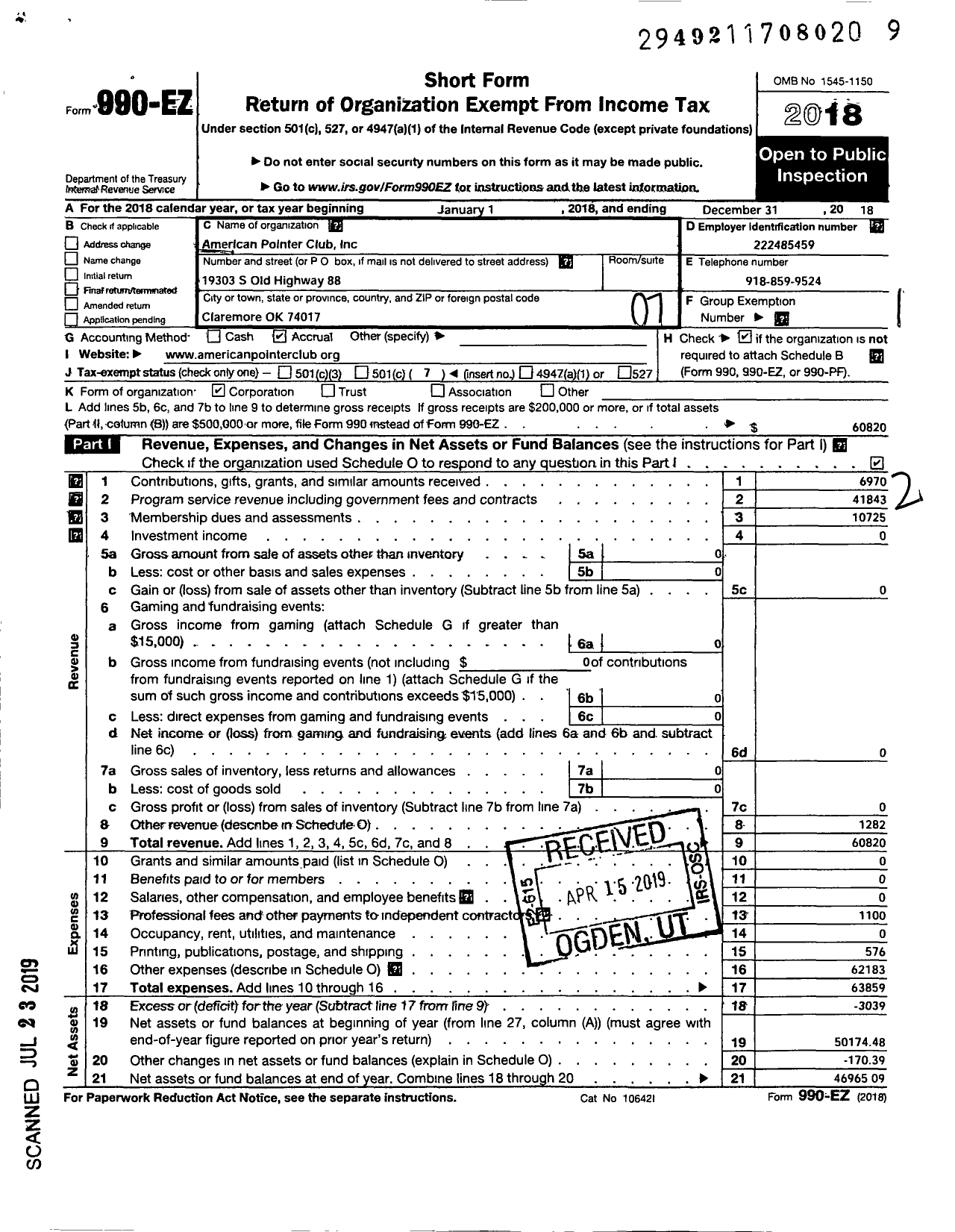 Image of first page of 2018 Form 990EO for American Pointer Club Incorporated