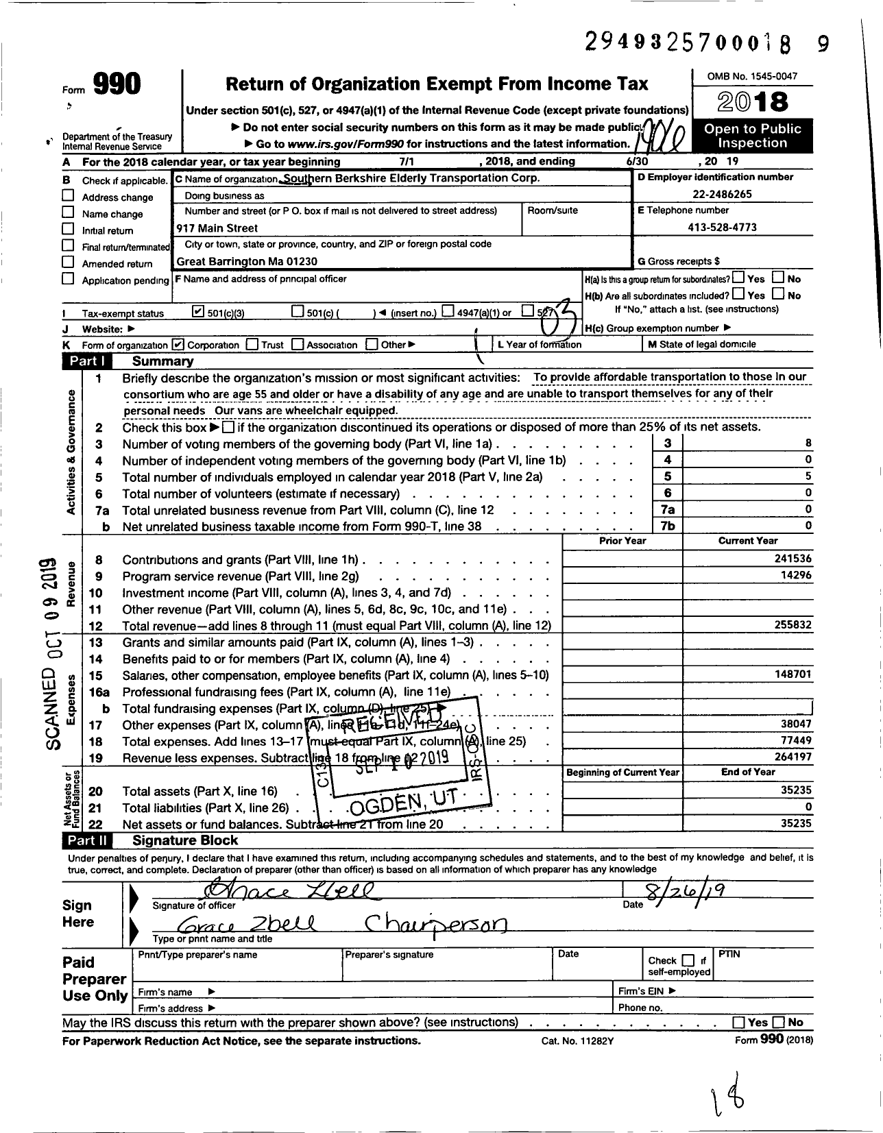 Image of first page of 2018 Form 990 for Southern Berkshire Elderly Transportation Corporation