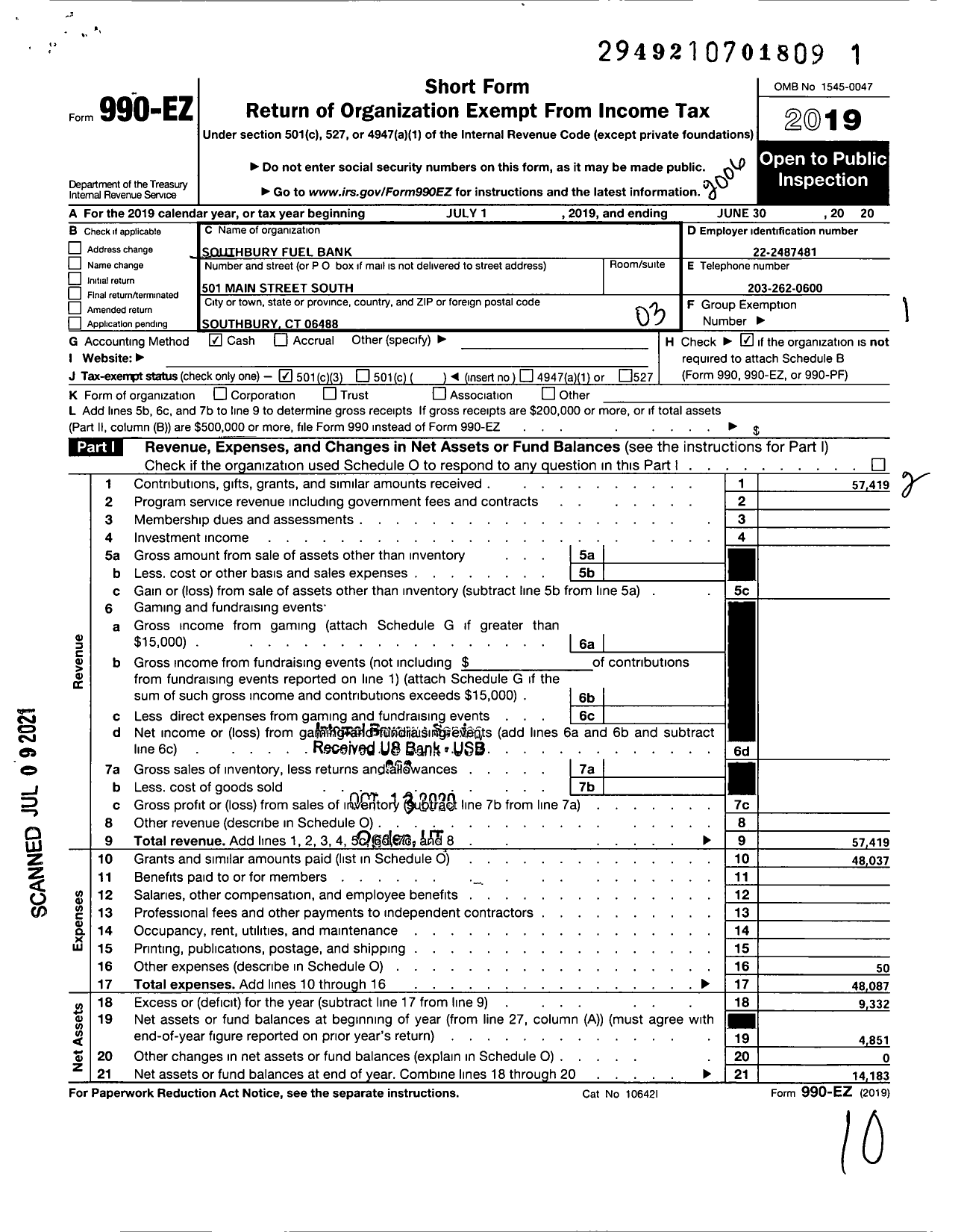 Image of first page of 2019 Form 990EZ for Southbury Fuel Bank