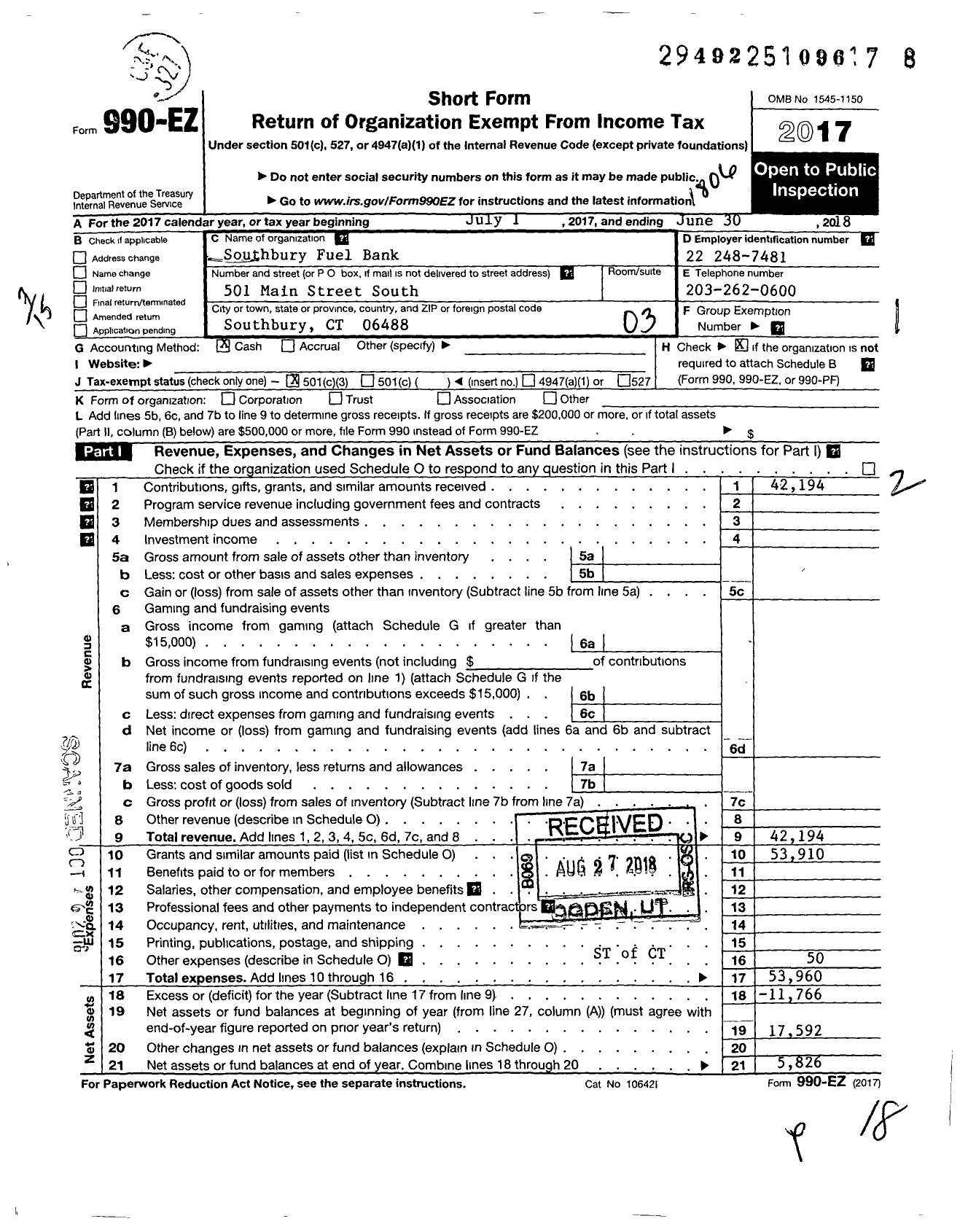 Image of first page of 2017 Form 990EZ for Southbury Fuel Bank