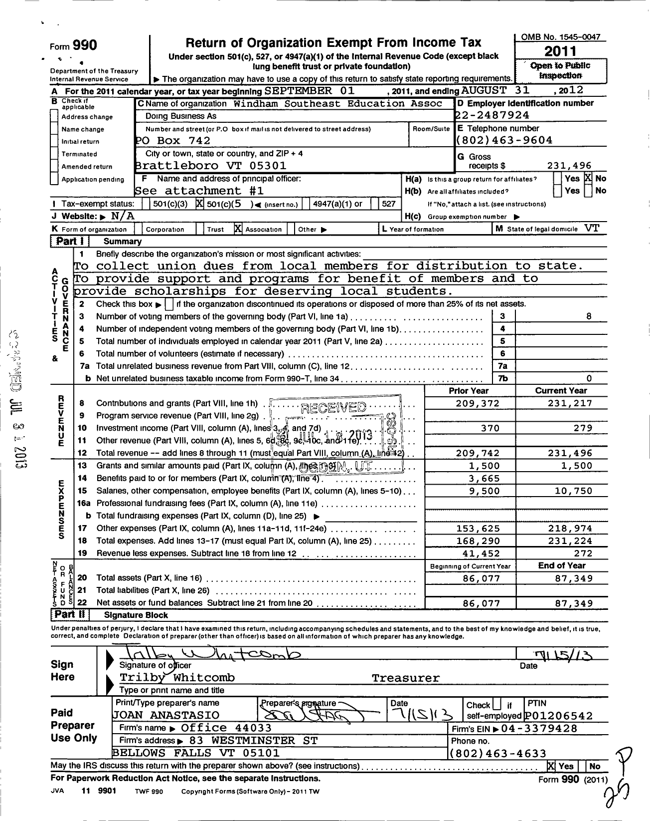 Image of first page of 2011 Form 990O for Windham Southeast Education Association