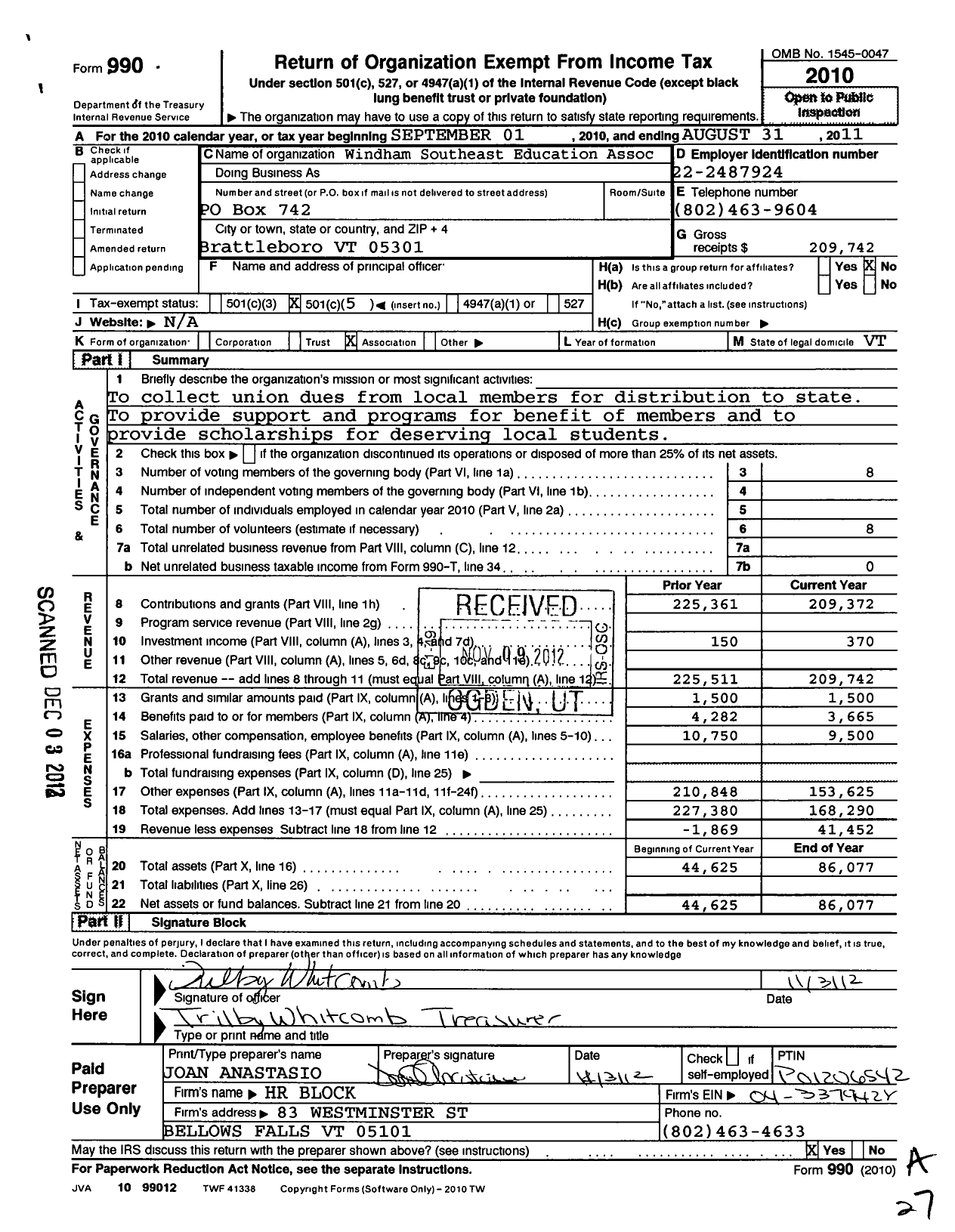 Image of first page of 2010 Form 990O for Windham Southeast Education Association