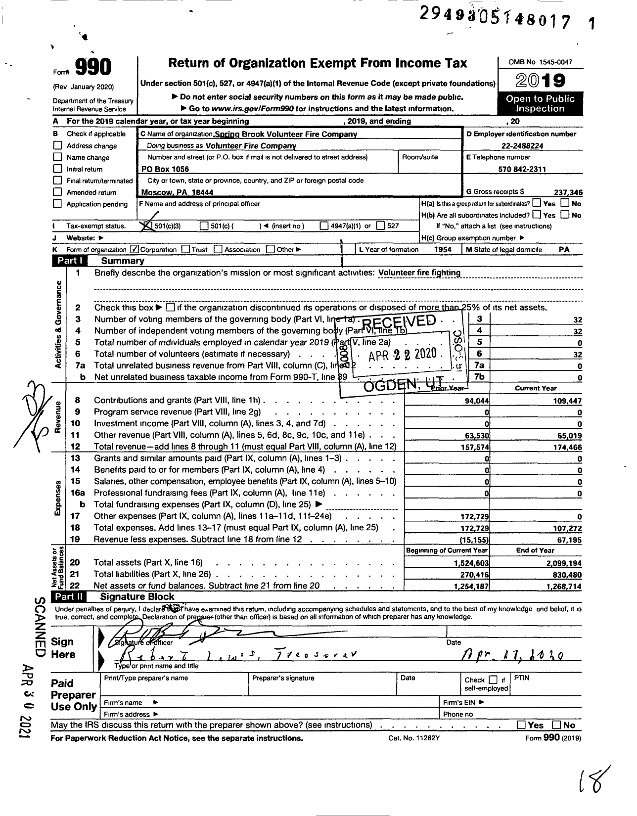 Image of first page of 2019 Form 990 for Spring Brook Volunteer Fire Company