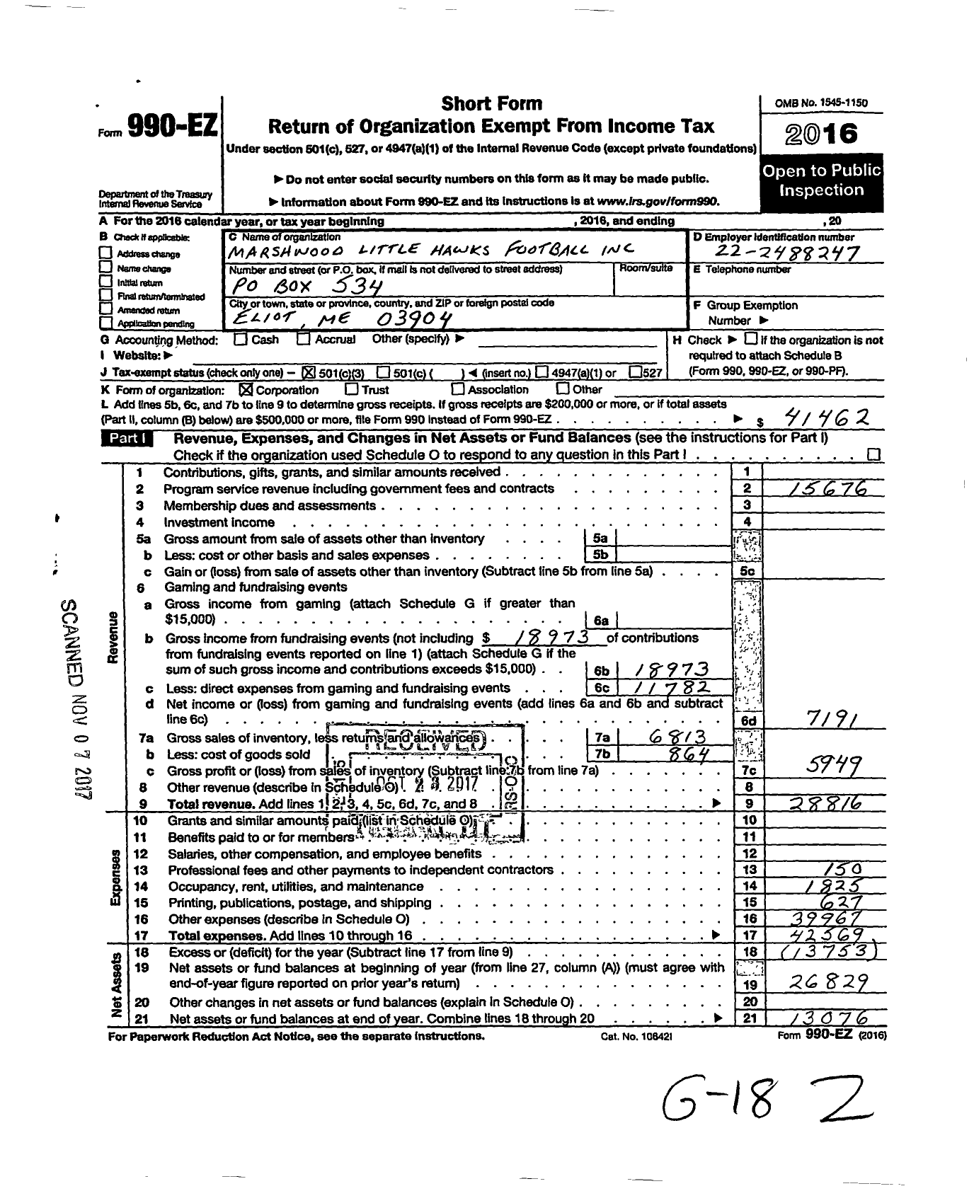 Image of first page of 2016 Form 990EZ for Little Hawks Football